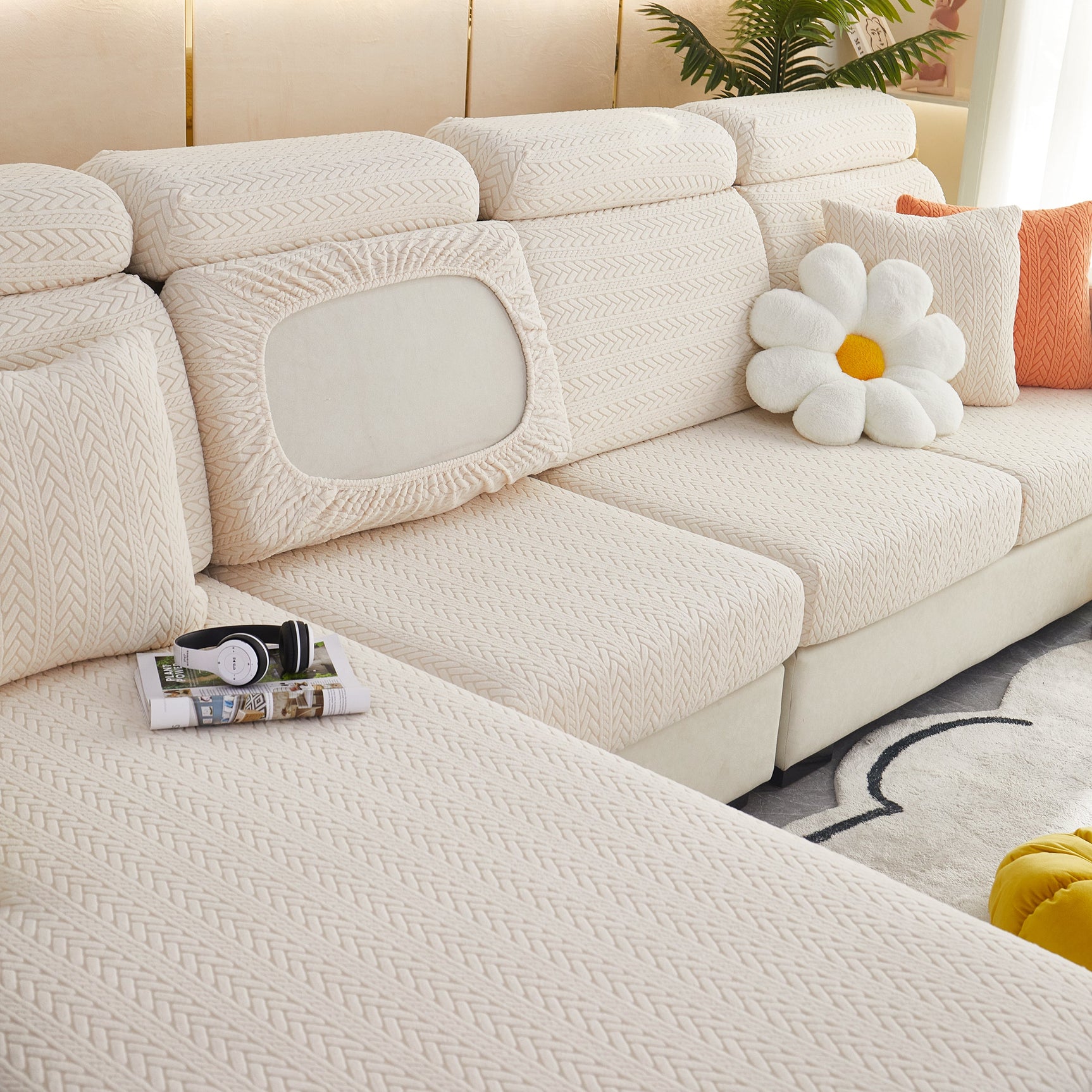 Stretchable Jacquard Polar Fleece Sofa Cover Non-Slip Furniture Protector for Pets L-Shaped Couch Slipcovers - Ornate Home