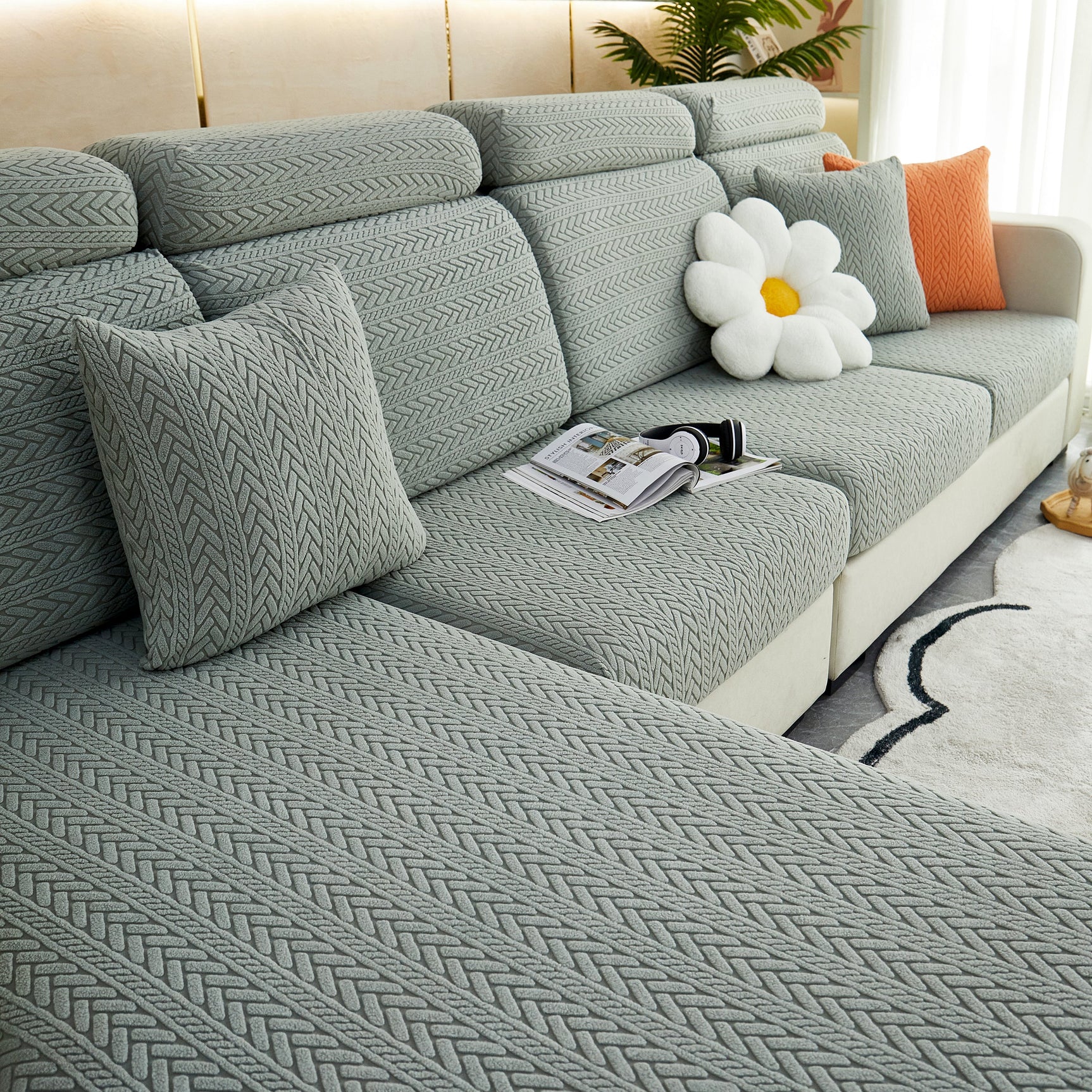 Stretchable Jacquard Polar Fleece Sofa Cover Non-Slip Furniture Protector for Pets L-Shaped Couch Slipcovers - Ornate Home