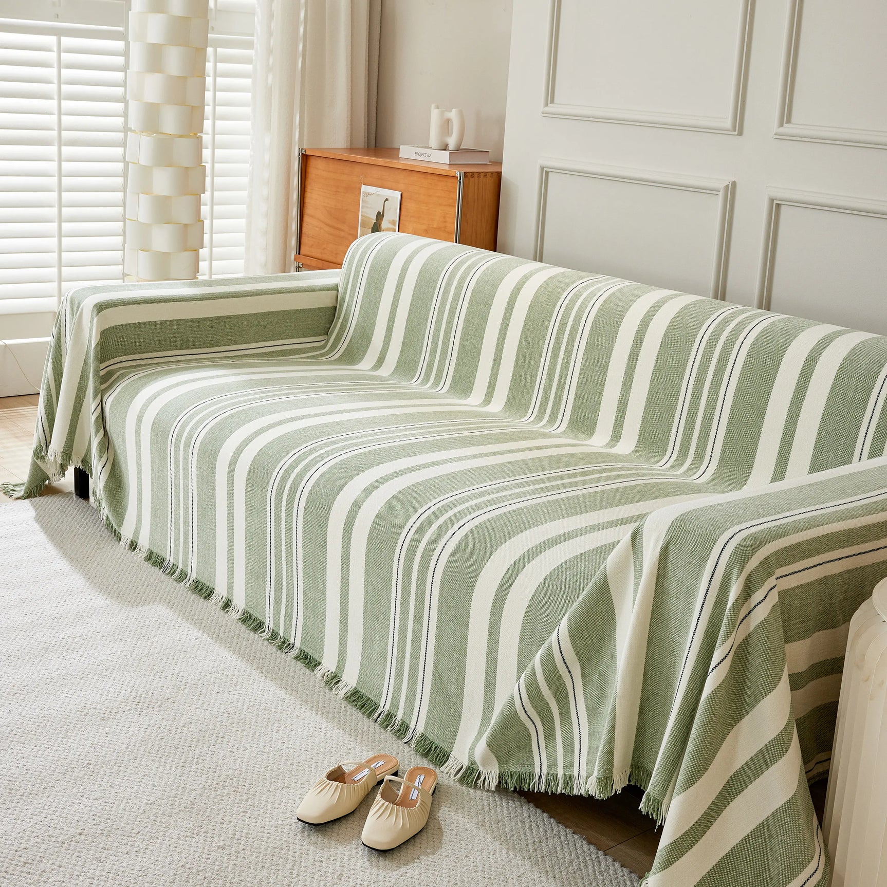 Striped Chenille Sofa Slipcover Throw, Soft Thick Washable Couch Cover Blanket - Ornate Home
