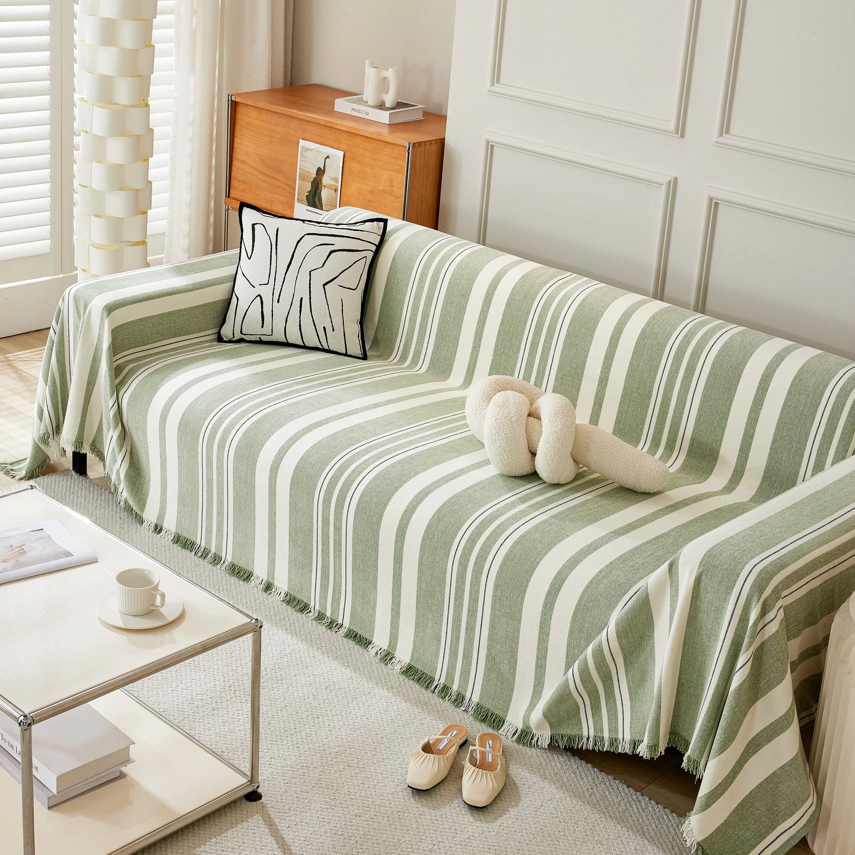 Striped Chenille Sofa Slipcover Throw, Soft Thick Washable Couch Cover Blanket - Ornate Home