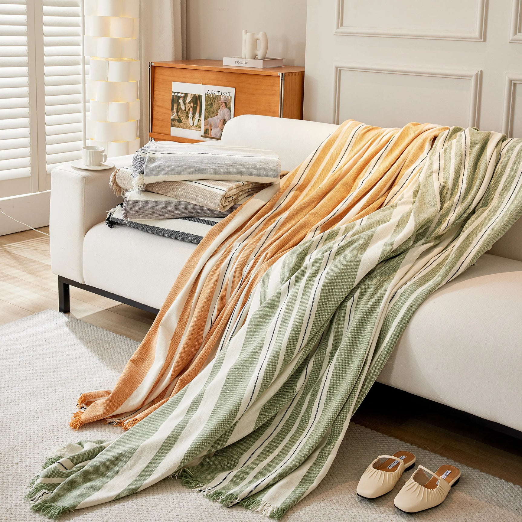 Striped Chenille Sofa Slipcover Throw, Soft Thick Washable Couch Cover Blanket - Ornate Home