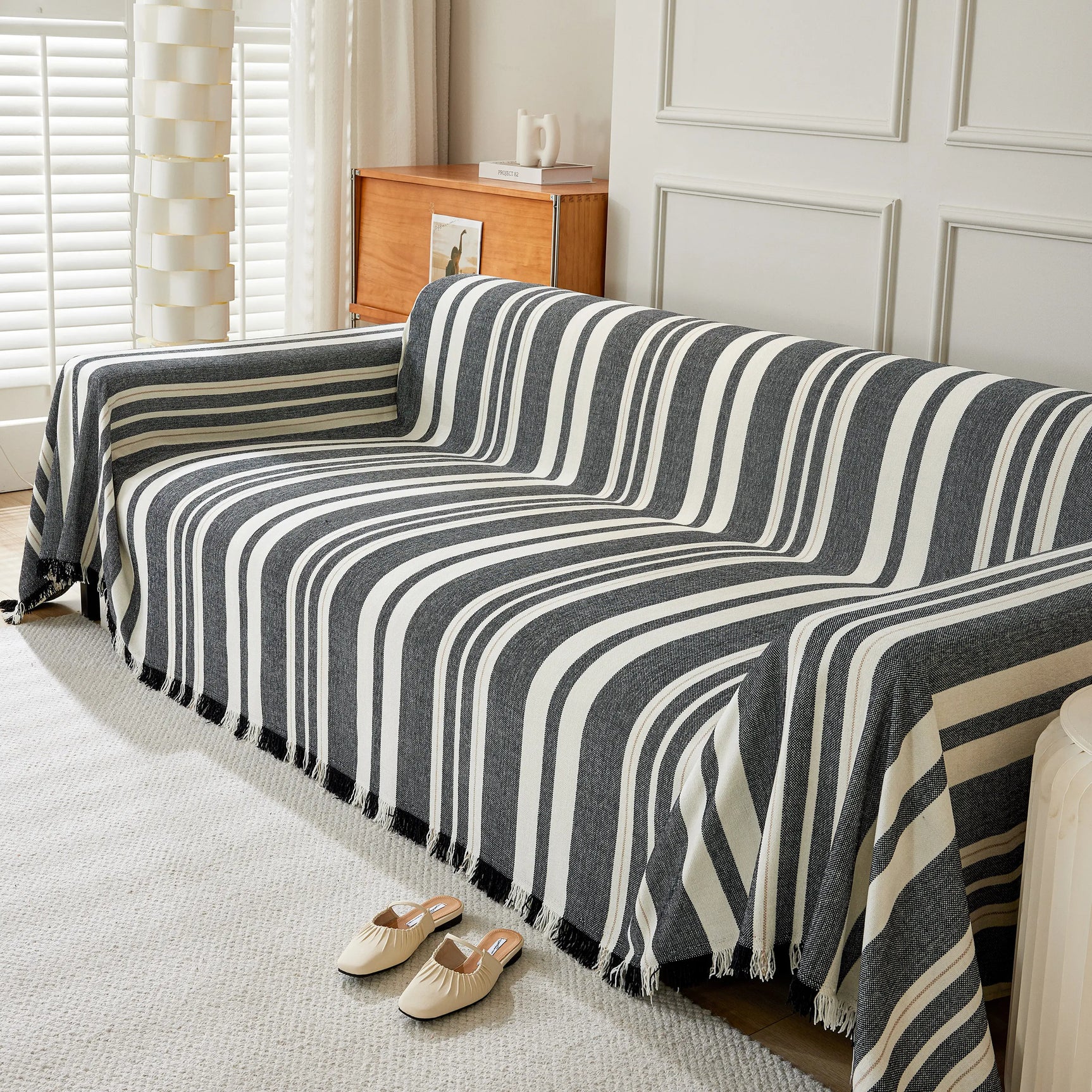 Striped Chenille Sofa Slipcover Throw, Soft Thick Washable Couch Cover Blanket - Ornate Home