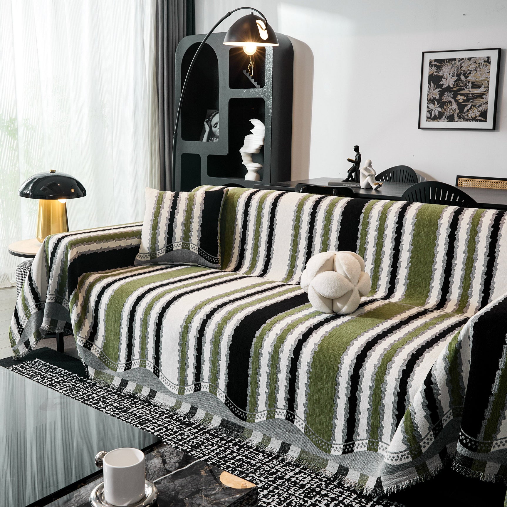 Striped Chenille Sofa Throw Covers, Boho Style Cozy Couch Protector Blanket - Ornate Home