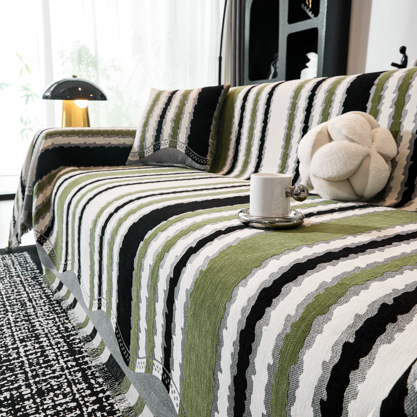 Striped Chenille Sofa Throw Covers, Boho Style Cozy Couch Protector Blanket - Ornate Home