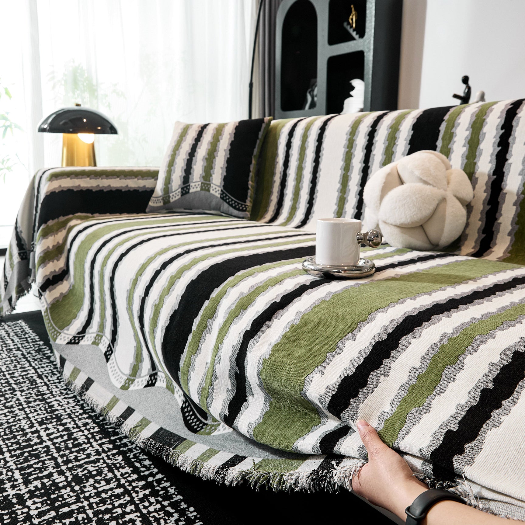 Striped Chenille Sofa Throw Covers, Boho Style Cozy Couch Protector Blanket - Ornate Home