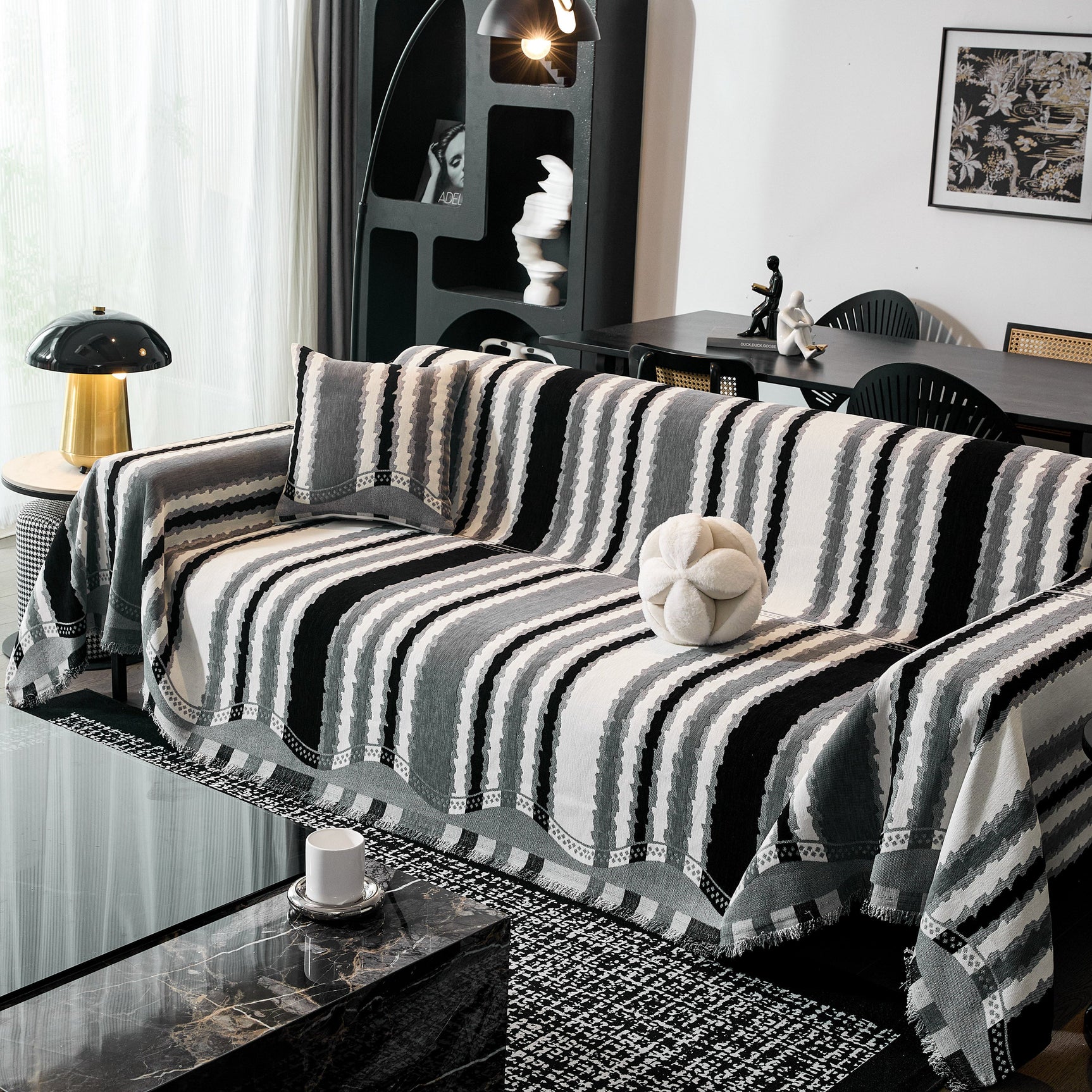 Striped Chenille Sofa Throw Covers, Boho Style Cozy Couch Protector Blanket - Ornate Home