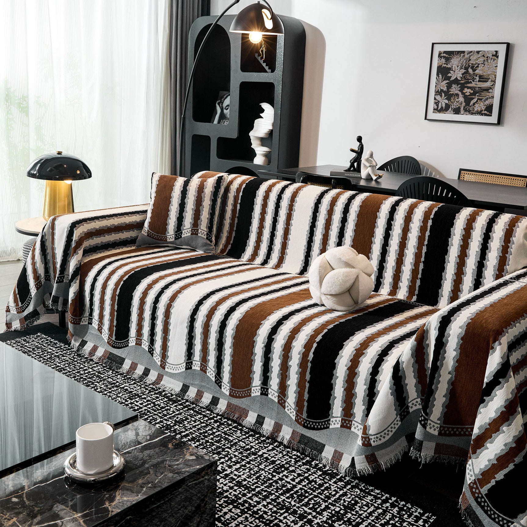 Striped Chenille Sofa Throw Covers, Boho Style Cozy Couch Protector Blanket - Ornate Home
