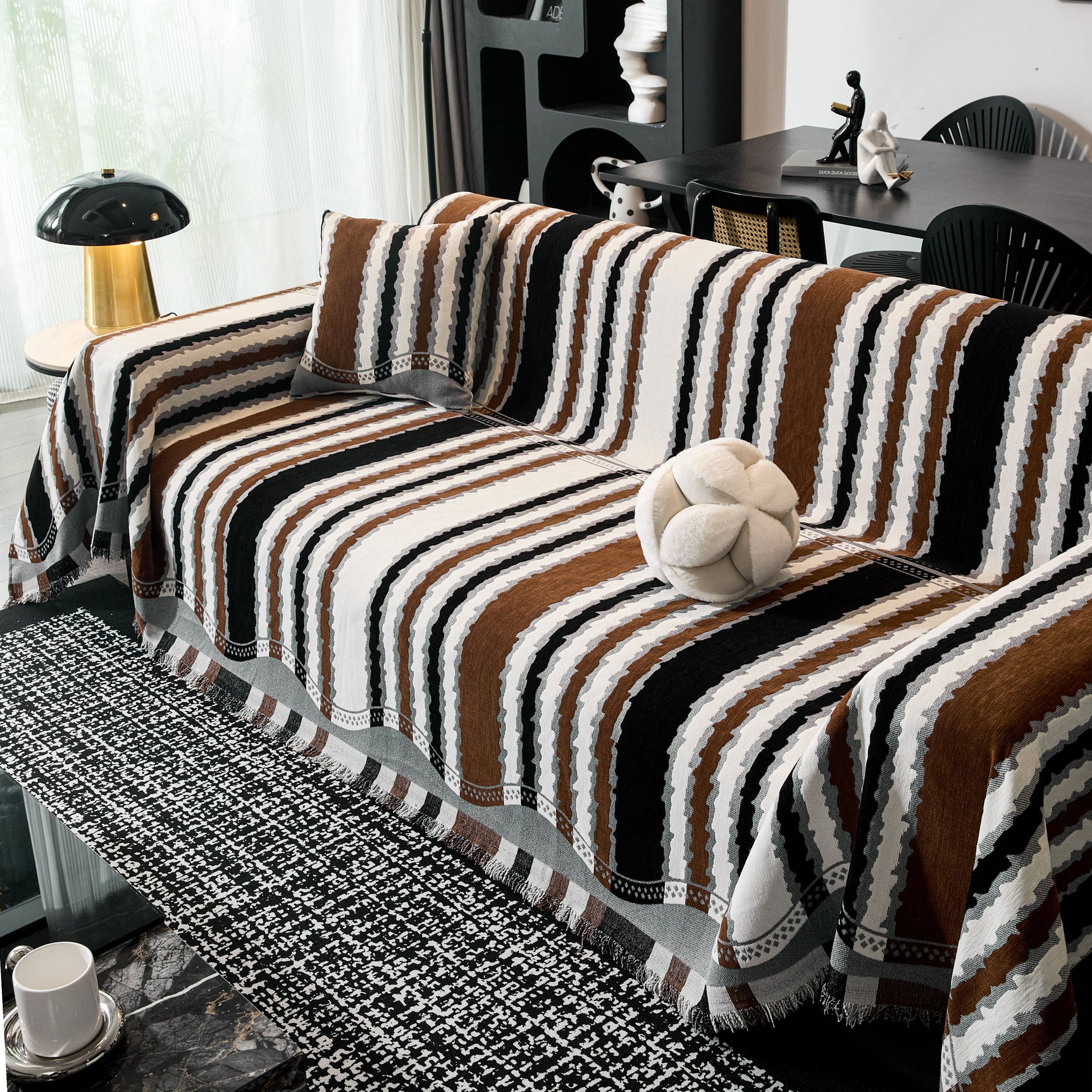 Striped Chenille Sofa Throw Covers, Boho Style Cozy Couch Protector Blanket - Ornate Home