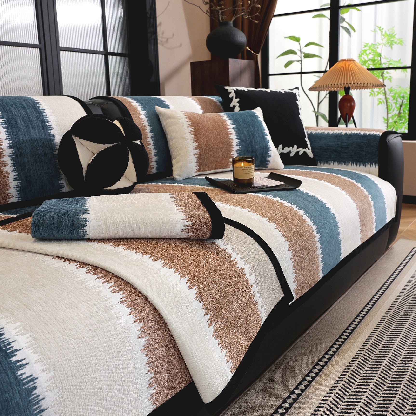 Striped Colorblock Non-Slip Sectional Couch Covers, Chenille Sofa Protector Cover - Ornate Home