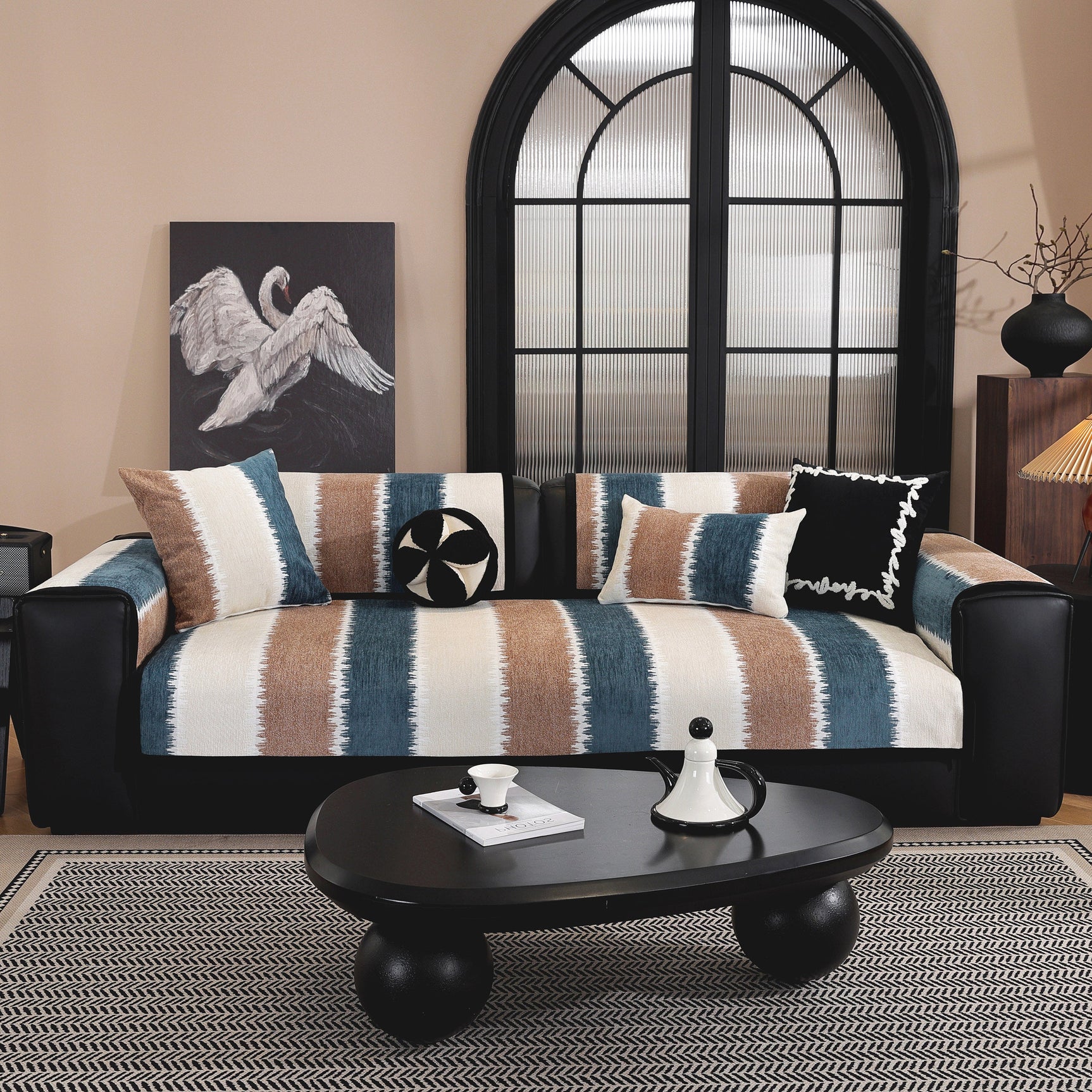 Striped Colorblock Non-Slip Sectional Couch Covers, Chenille Sofa Protector Cover - Ornate Home