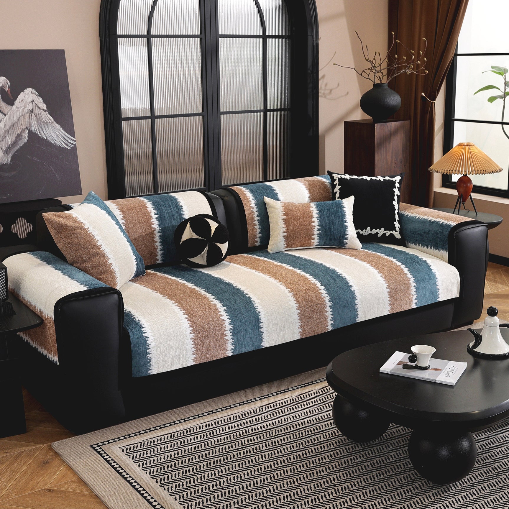 Striped Colorblock Non-Slip Sectional Couch Covers, Chenille Sofa Protector Cover - Ornate Home