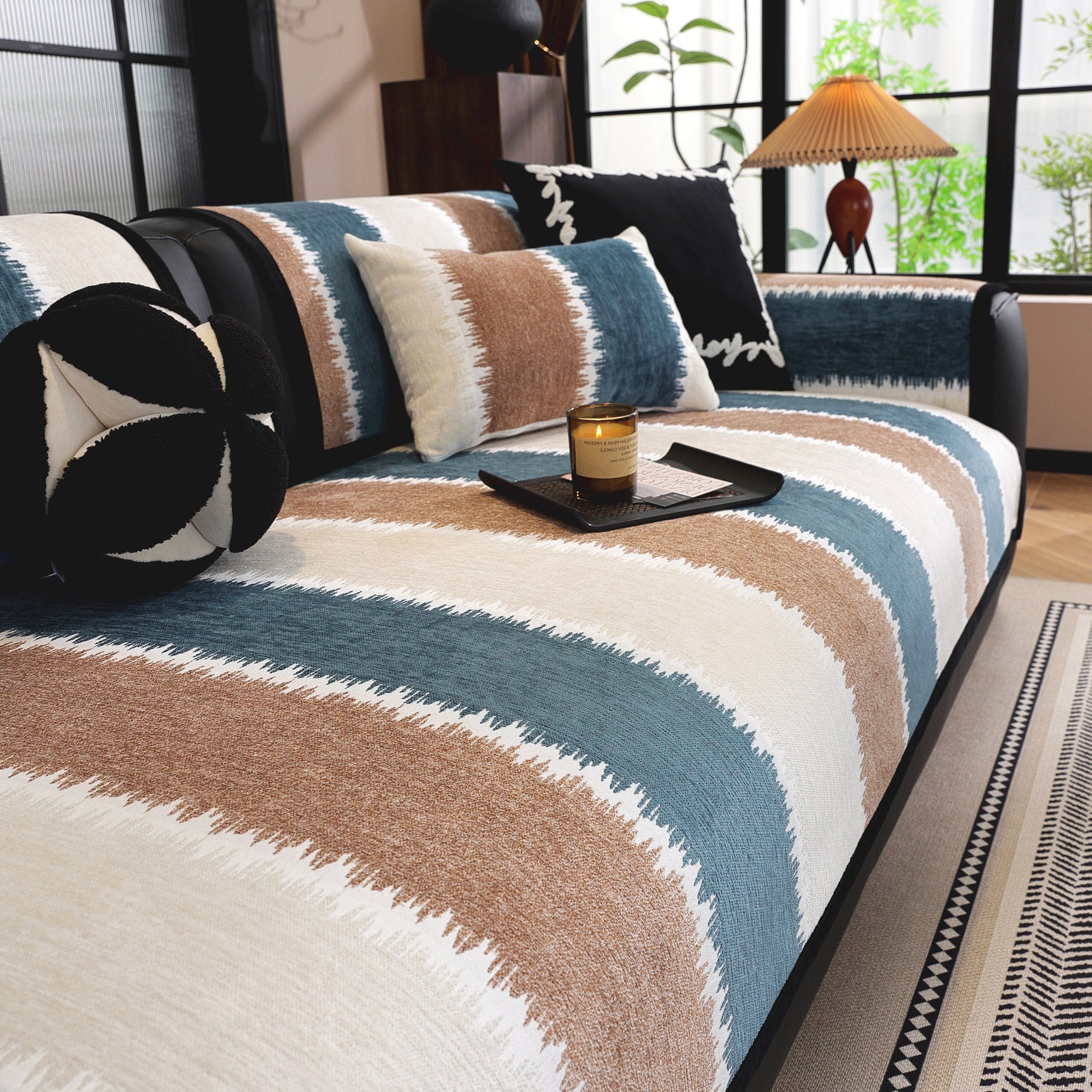 Striped Colorblock Non-Slip Sectional Couch Covers, Chenille Sofa Protector Cover - Ornate Home