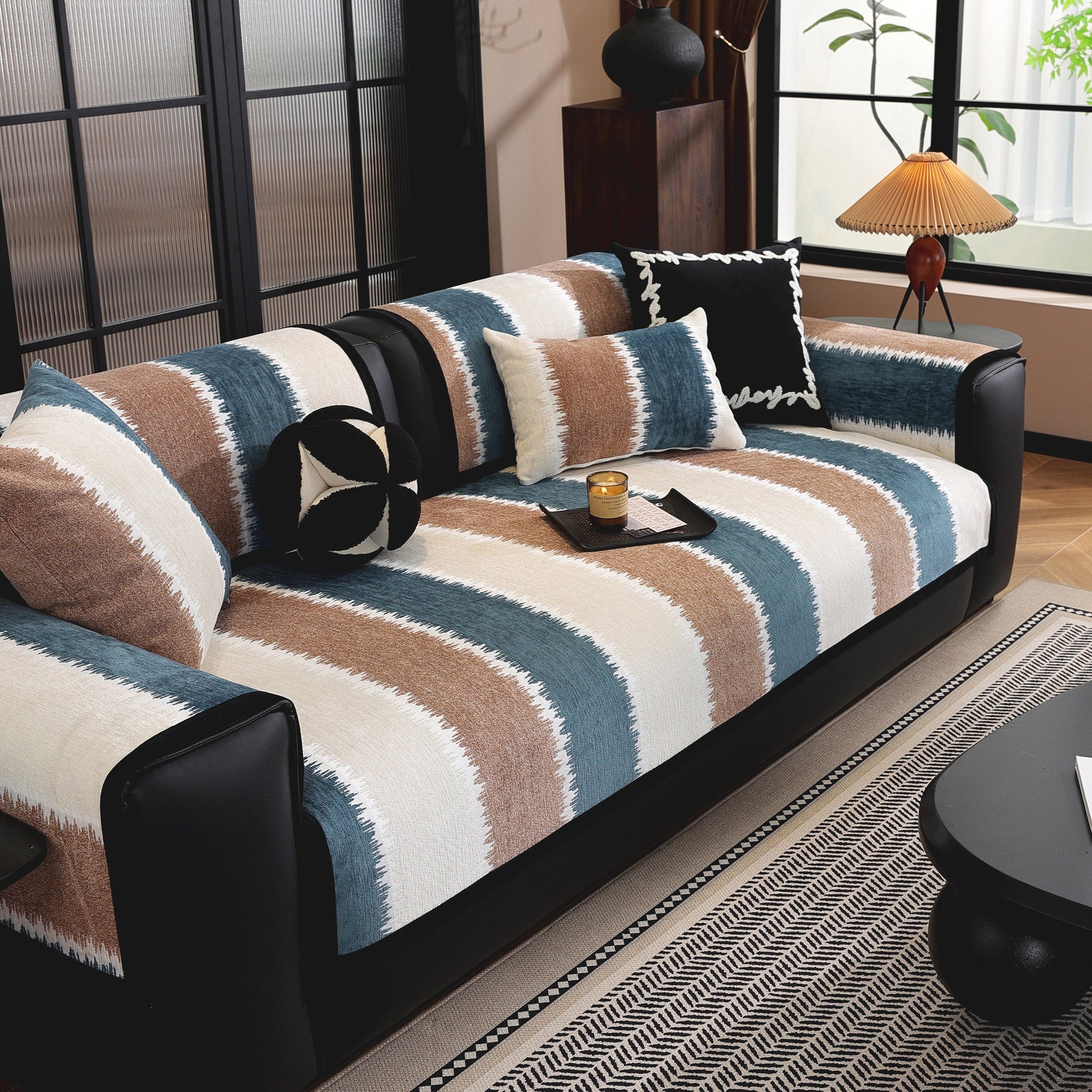 Striped Colorblock Non-Slip Sectional Couch Covers, Chenille Sofa Protector Cover - Ornate Home