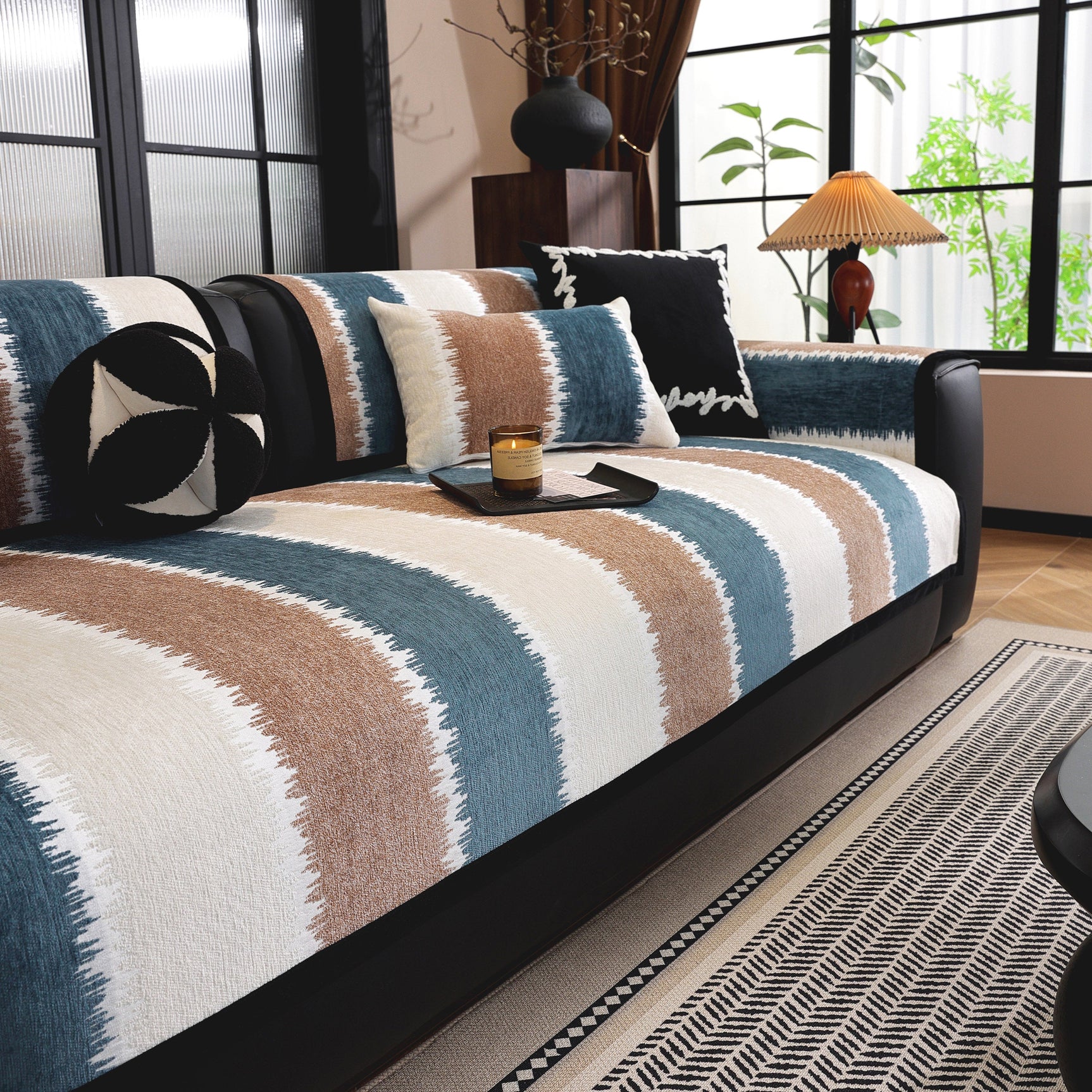 Striped Colorblock Non-Slip Sectional Couch Covers, Chenille Sofa Protector Cover - Ornate Home