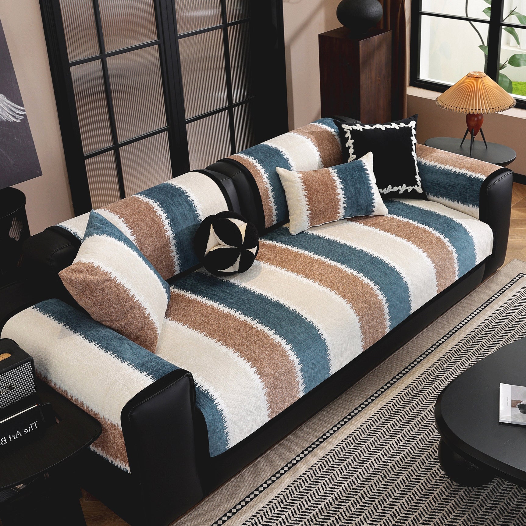 Striped Colorblock Non-Slip Sectional Couch Covers, Chenille Sofa Protector Cover - Ornate Home