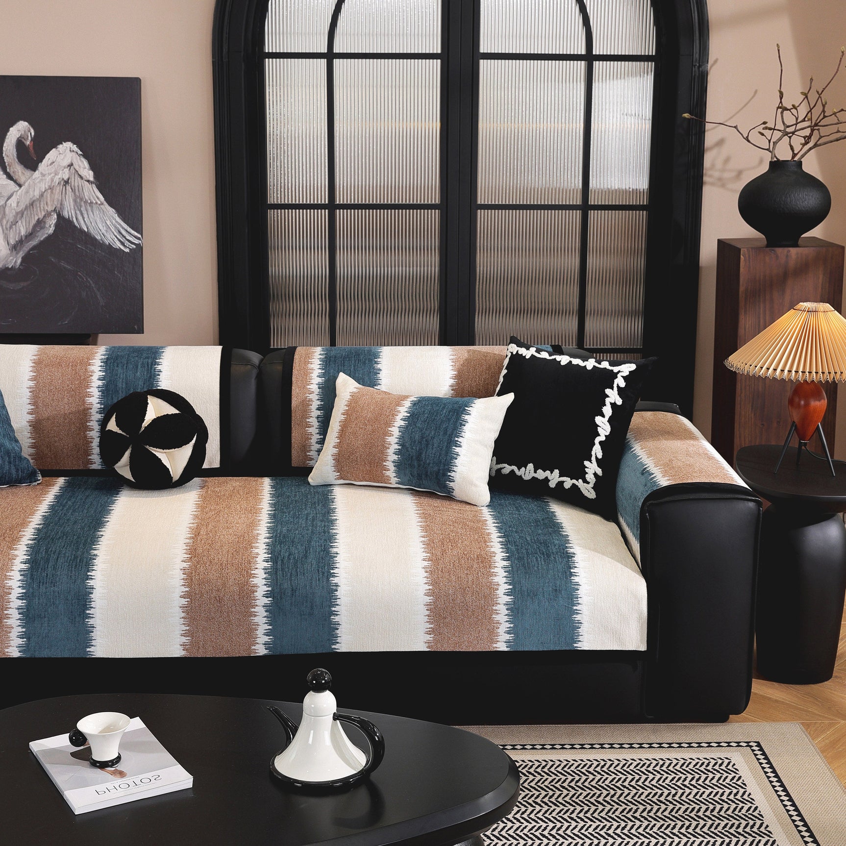 Striped Colorblock Non-Slip Sectional Couch Covers, Chenille Sofa Protector Cover - Ornate Home