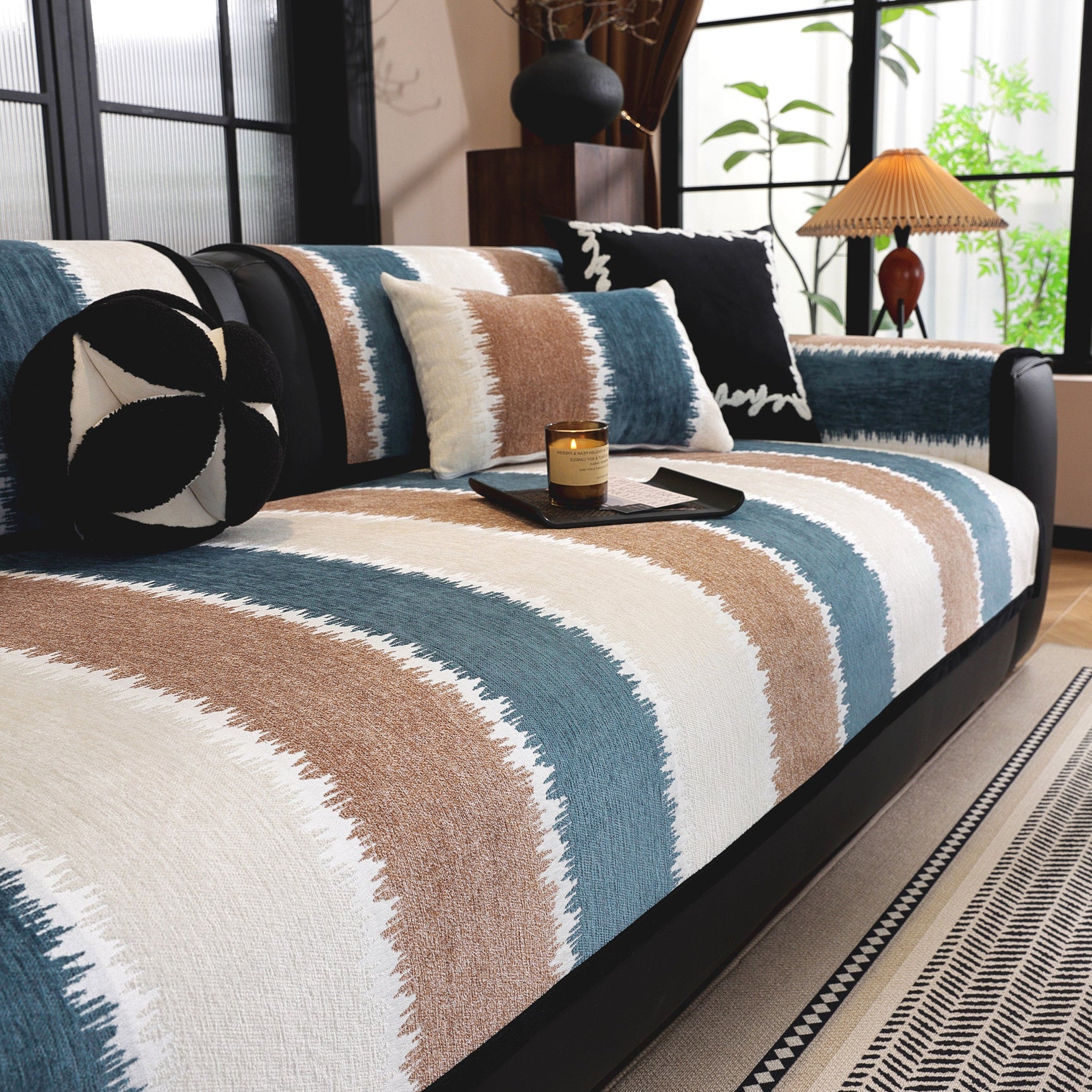 Striped Colorblock Non-Slip Sectional Couch Covers, Chenille Sofa Protector Cover - Ornate Home