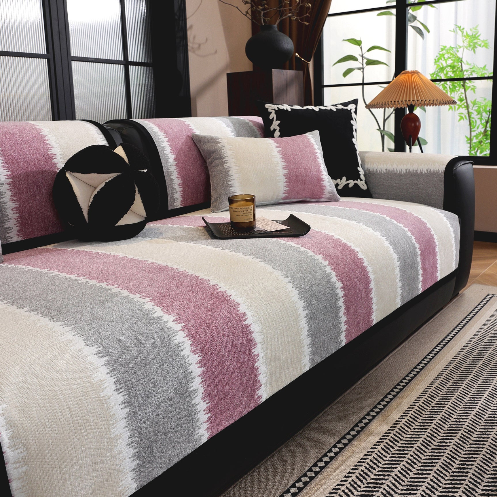 Striped Colorblock Non-Slip Sectional Couch Covers, Chenille Sofa Protector Cover - Ornate Home