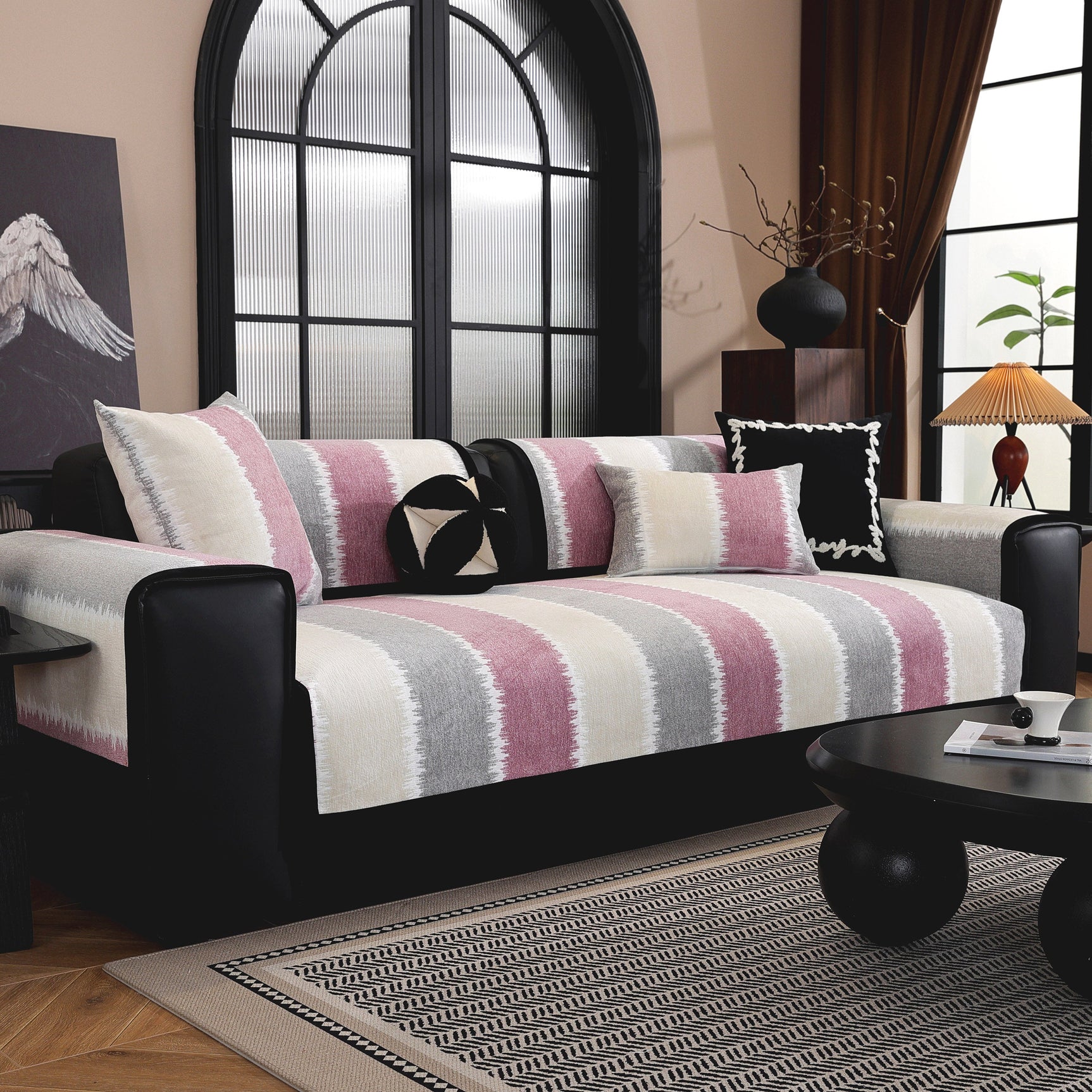 Striped Colorblock Non-Slip Sectional Couch Covers, Chenille Sofa Protector Cover - Ornate Home