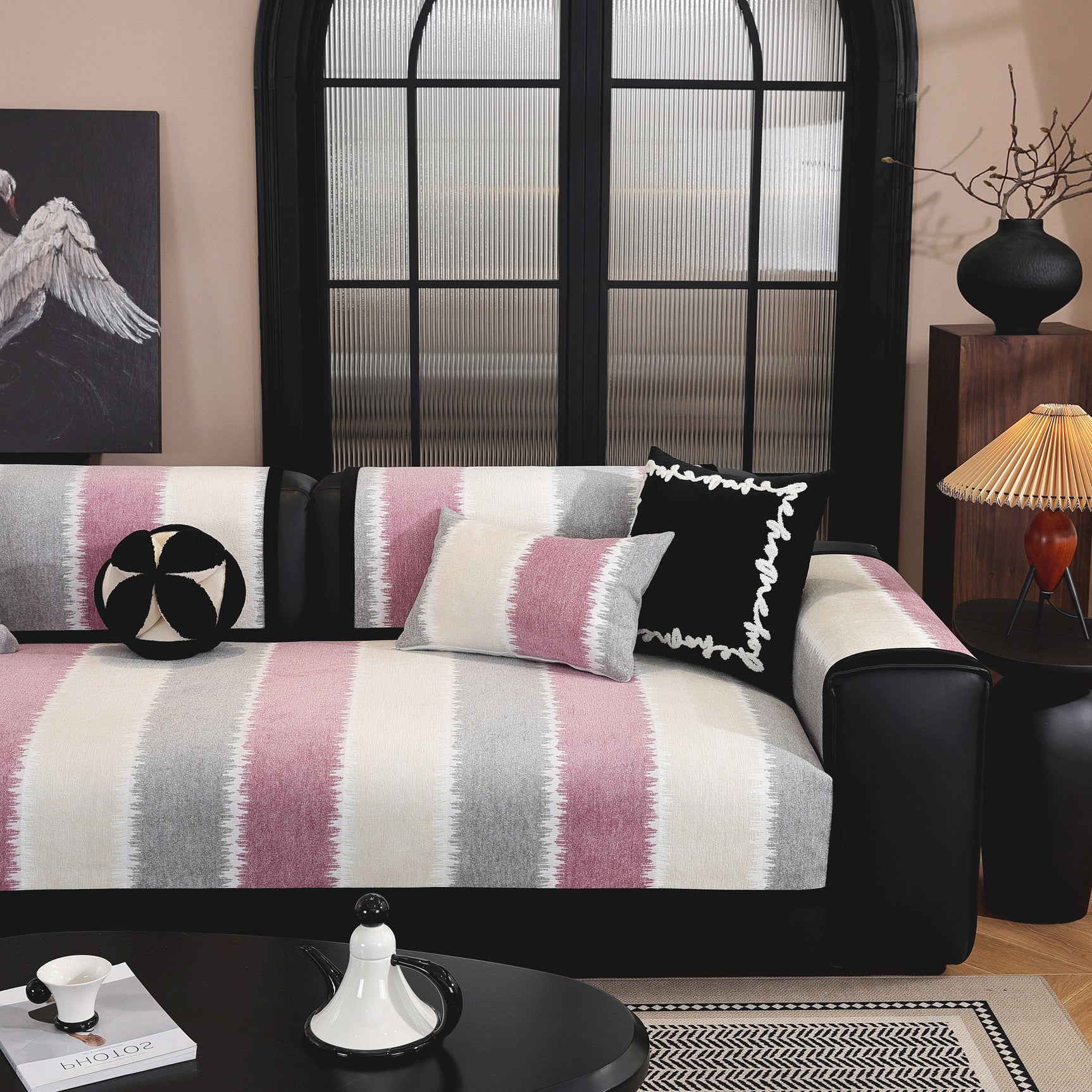 Striped Colorblock Non-Slip Sectional Couch Covers, Chenille Sofa Protector Cover - Ornate Home