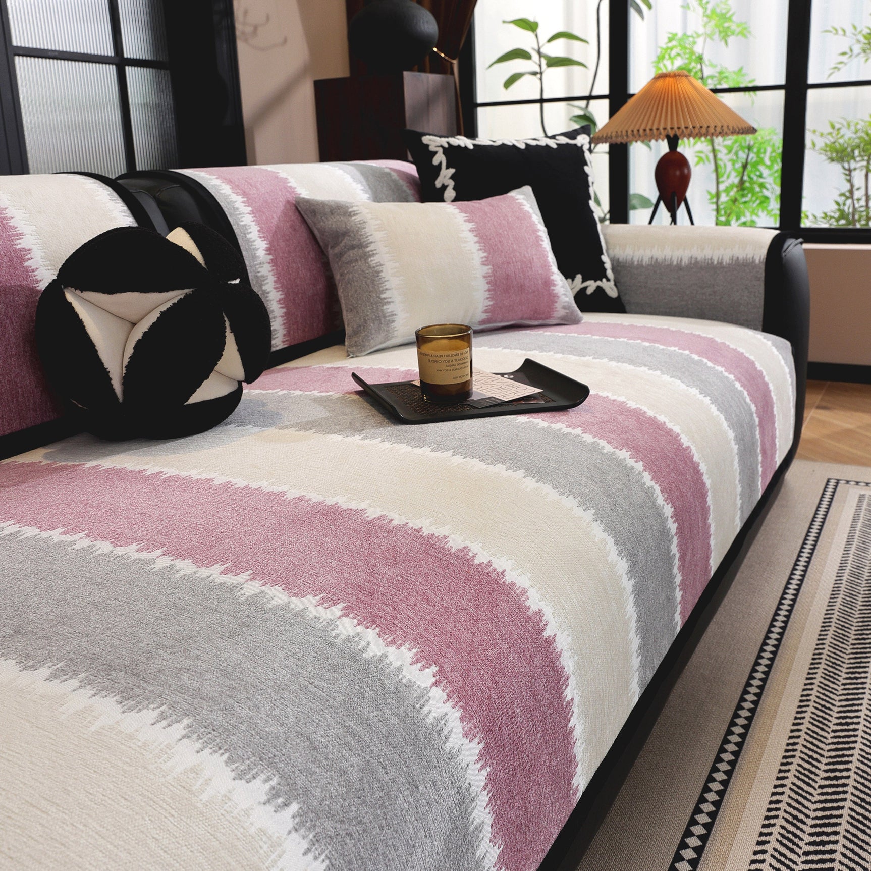 Striped Colorblock Non-Slip Sectional Couch Covers, Chenille Sofa Protector Cover - Ornate Home