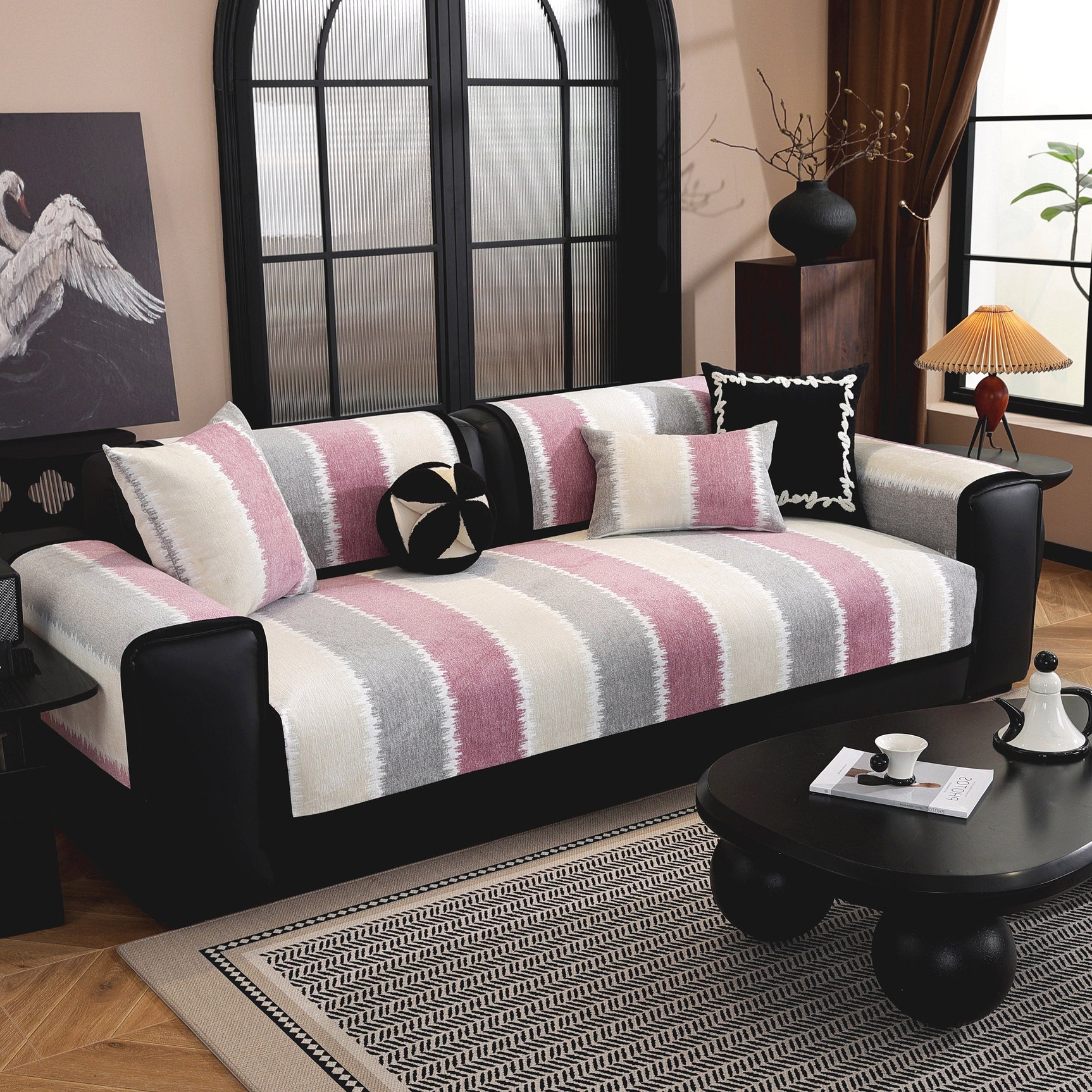 Striped Colorblock Non-Slip Sectional Couch Covers, Chenille Sofa Protector Cover - Ornate Home