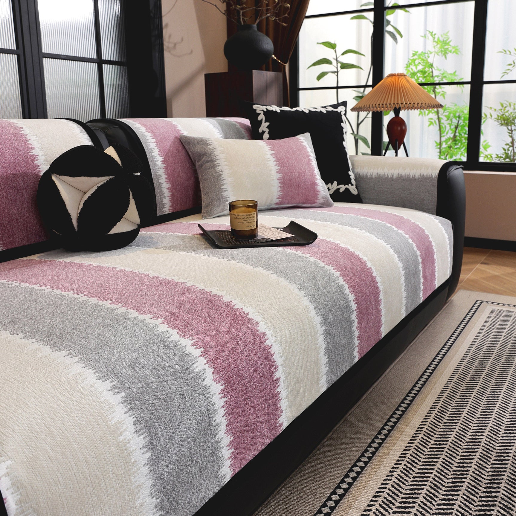 Striped Colorblock Non-Slip Sectional Couch Covers, Chenille Sofa Protector Cover - Ornate Home
