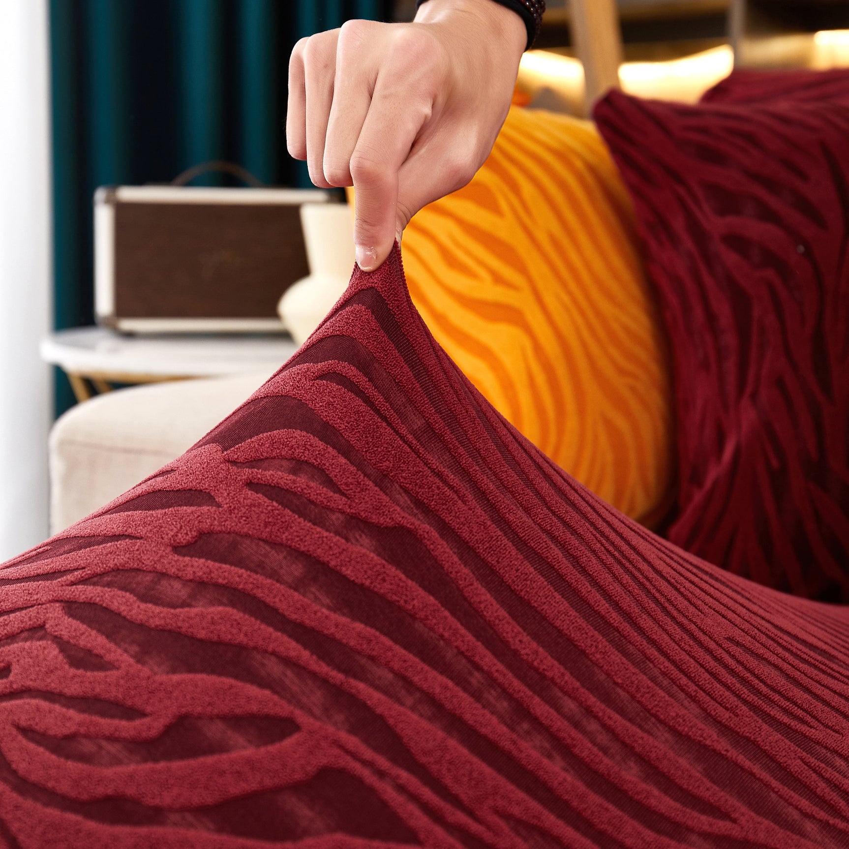 Striped Jacquard Fleece Furniture Covers Stretchable Non-Slip Cushion Covers for L-Shaped Couch, Pets - Ornate Home
