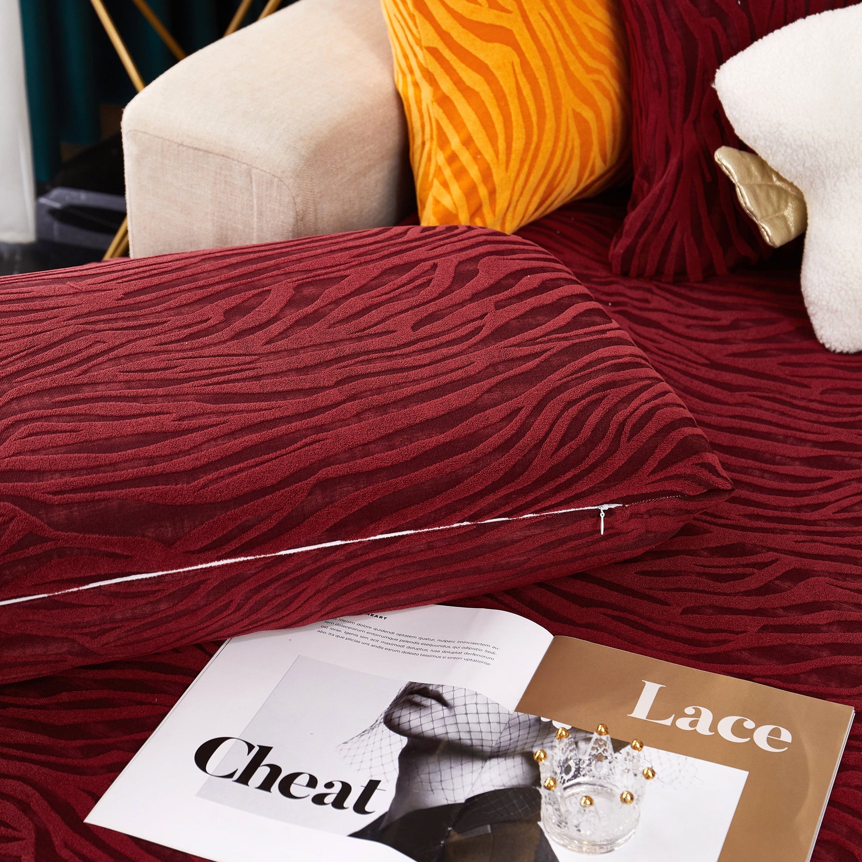Striped Jacquard Fleece Furniture Covers Stretchable Non-Slip Cushion Covers for L-Shaped Couch, Pets - Ornate Home