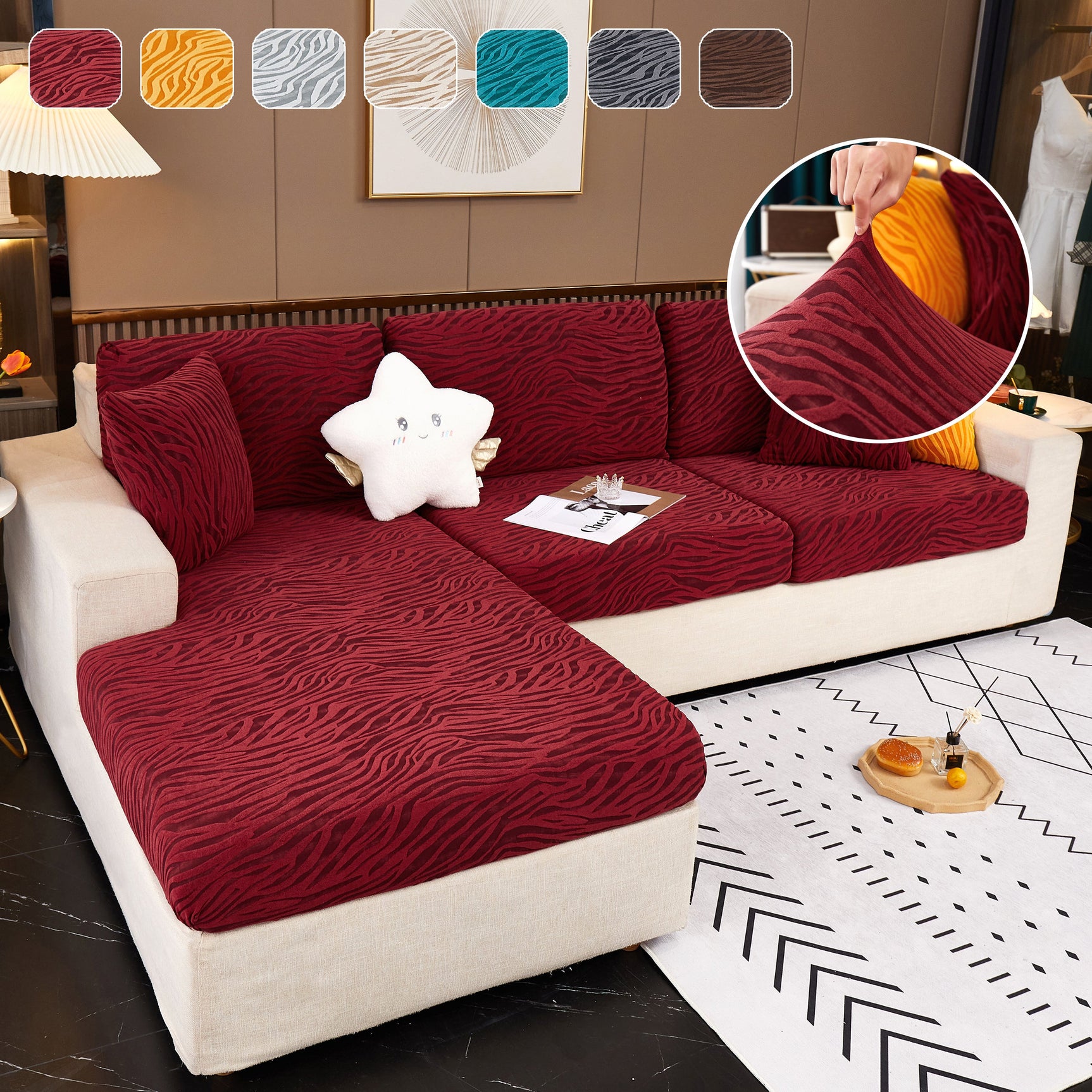 Striped Jacquard Fleece Furniture Covers Stretchable Non-Slip Cushion Covers for L-Shaped Couch, Pets - Ornate Home