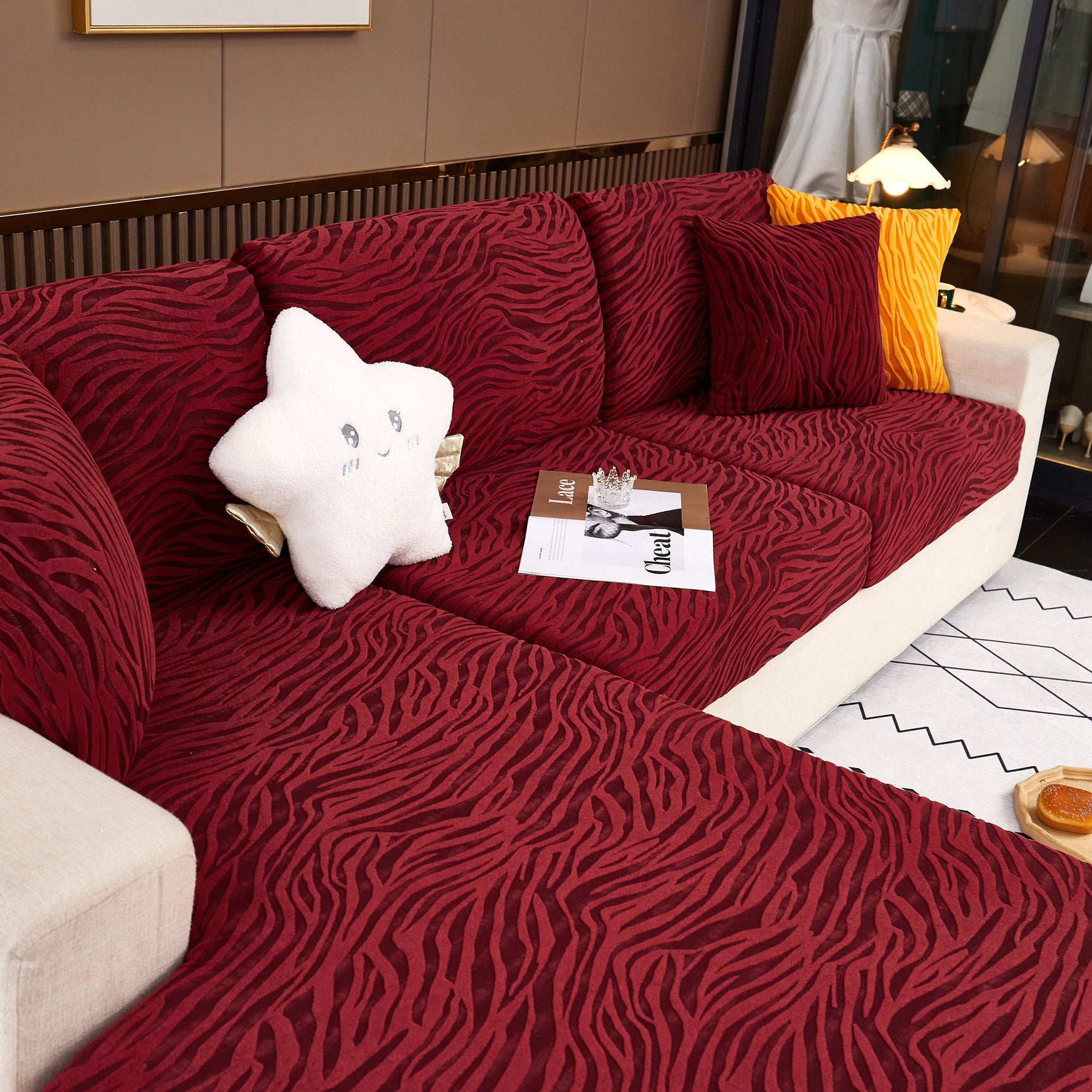Striped Jacquard Fleece Furniture Covers Stretchable Non-Slip Cushion Covers for L-Shaped Couch, Pets - Ornate Home