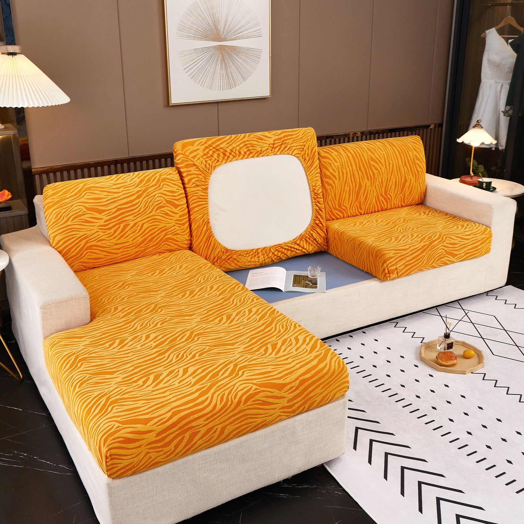 Striped Jacquard Fleece Furniture Covers Stretchable Non-Slip Cushion Covers for L-Shaped Couch, Pets - Ornate Home