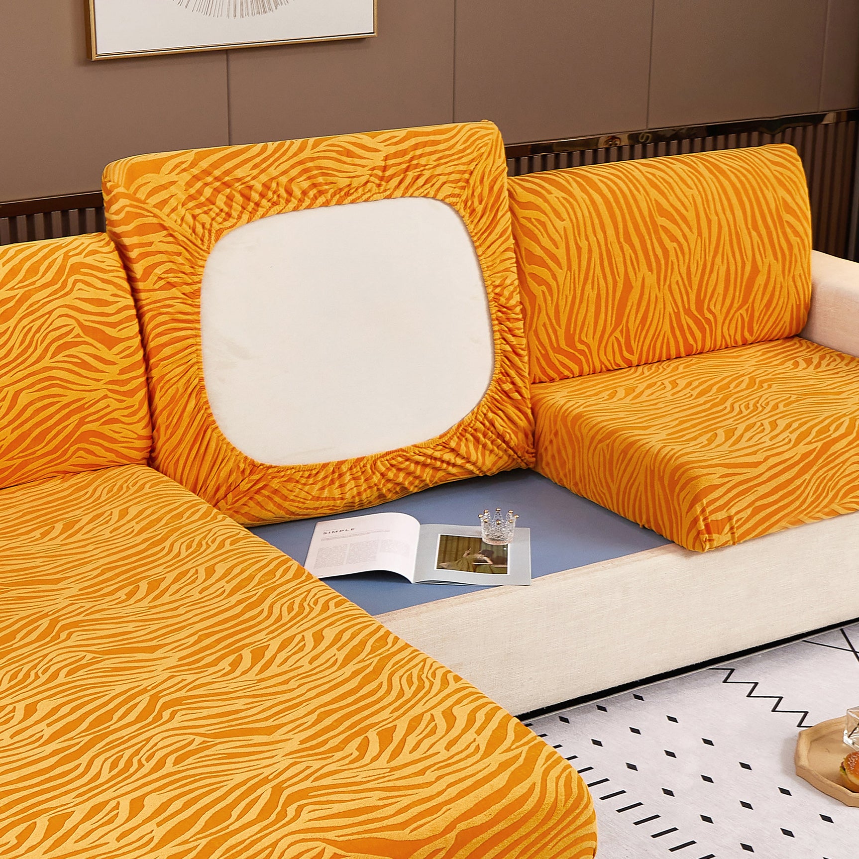 Striped Jacquard Fleece Furniture Covers Stretchable Non-Slip Cushion Covers for L-Shaped Couch, Pets - Ornate Home