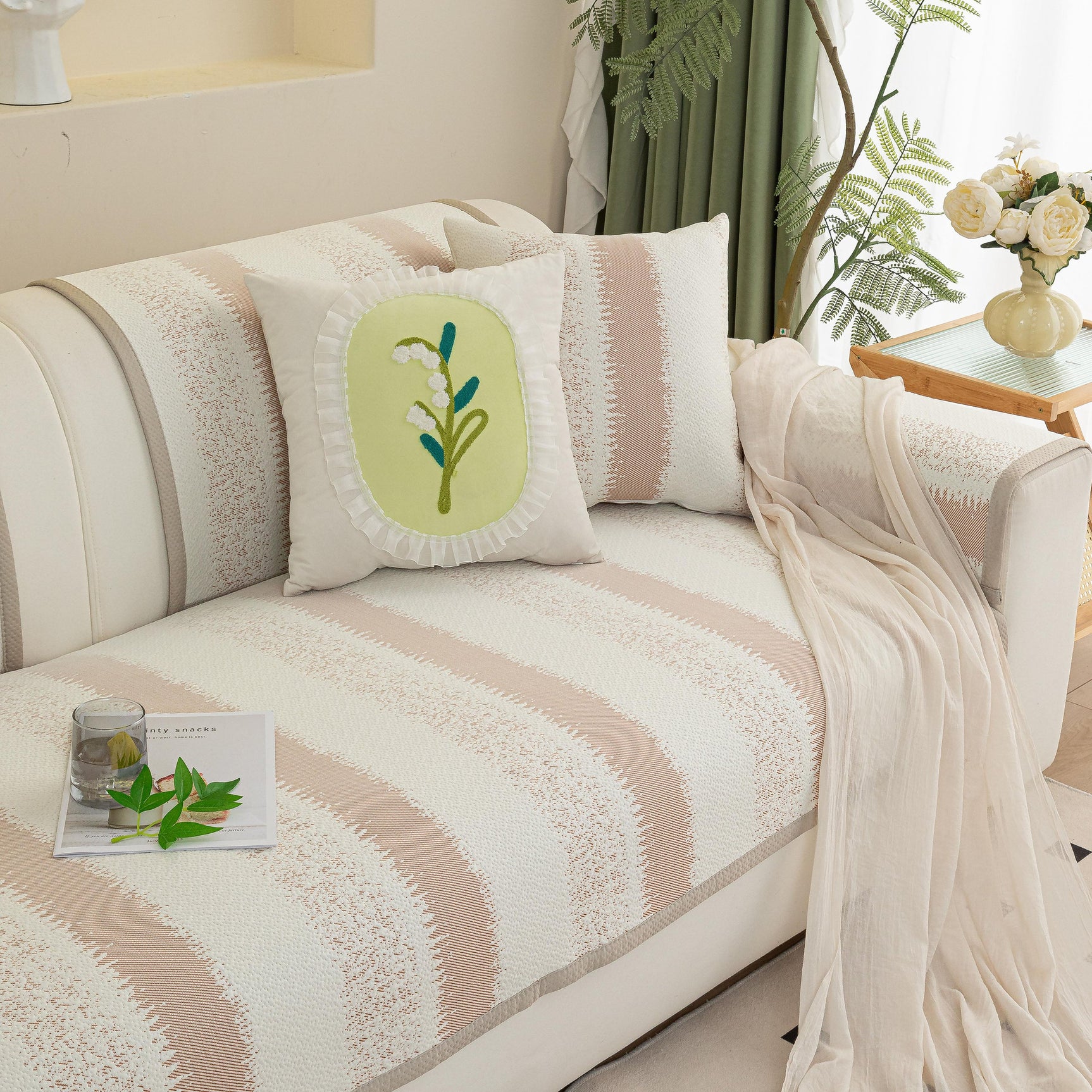 Striped Non-Slip Cooling Couch Cover, Summer Couch Pads for Seat Back Armrest - Ornate Home