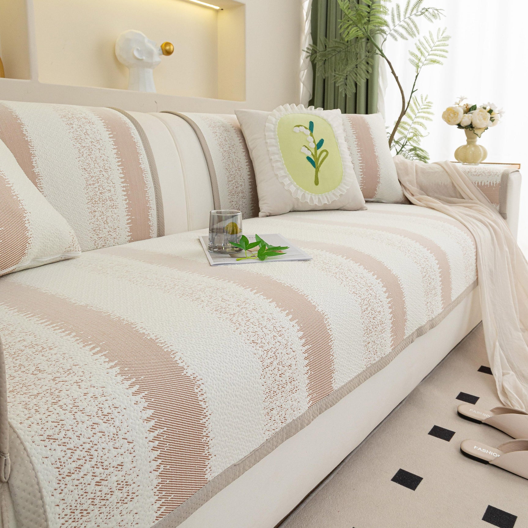 Striped Non-Slip Cooling Couch Cover, Summer Couch Pads for Seat Back Armrest - Ornate Home