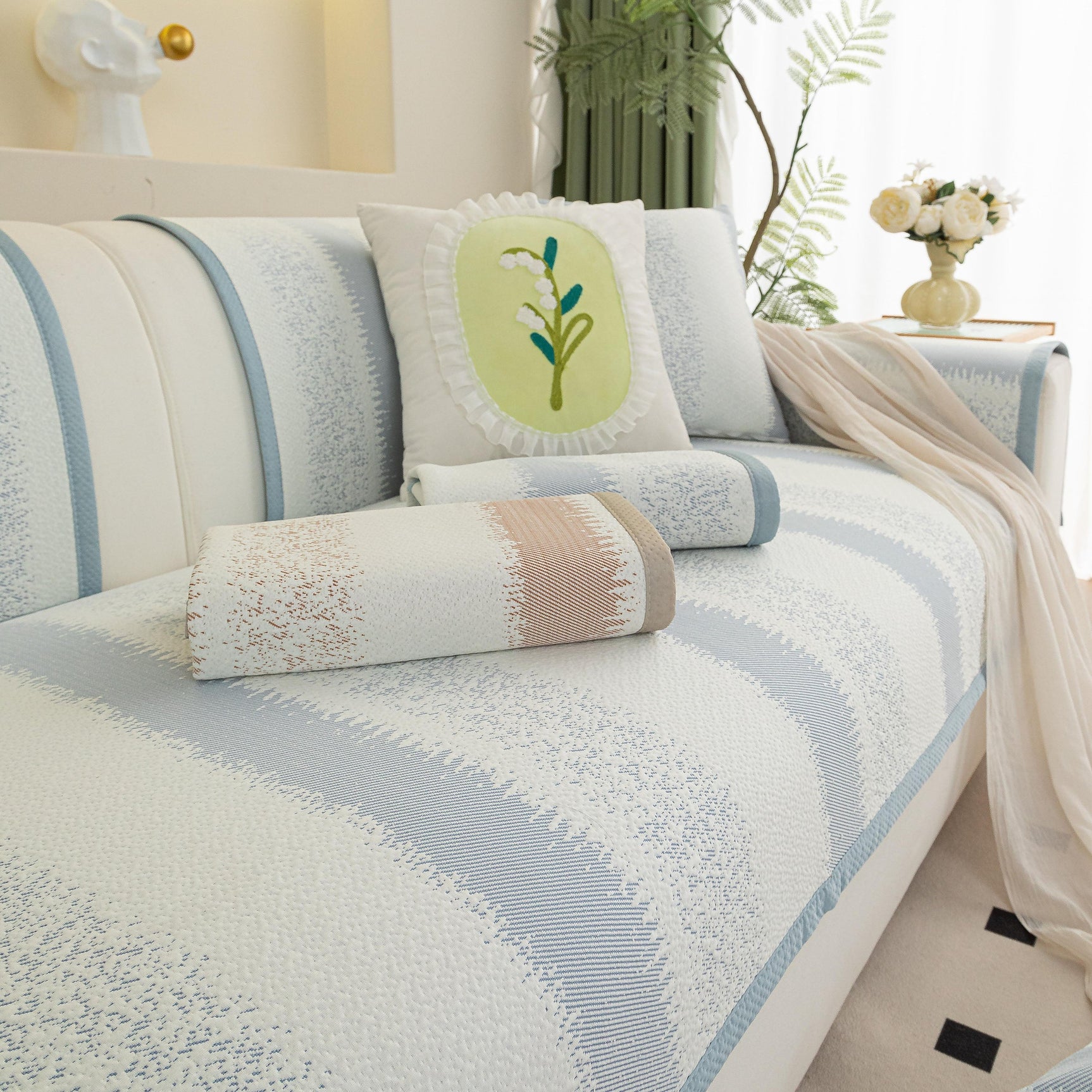 Striped Non-Slip Cooling Couch Cover, Summer Couch Pads for Seat Back Armrest - Ornate Home