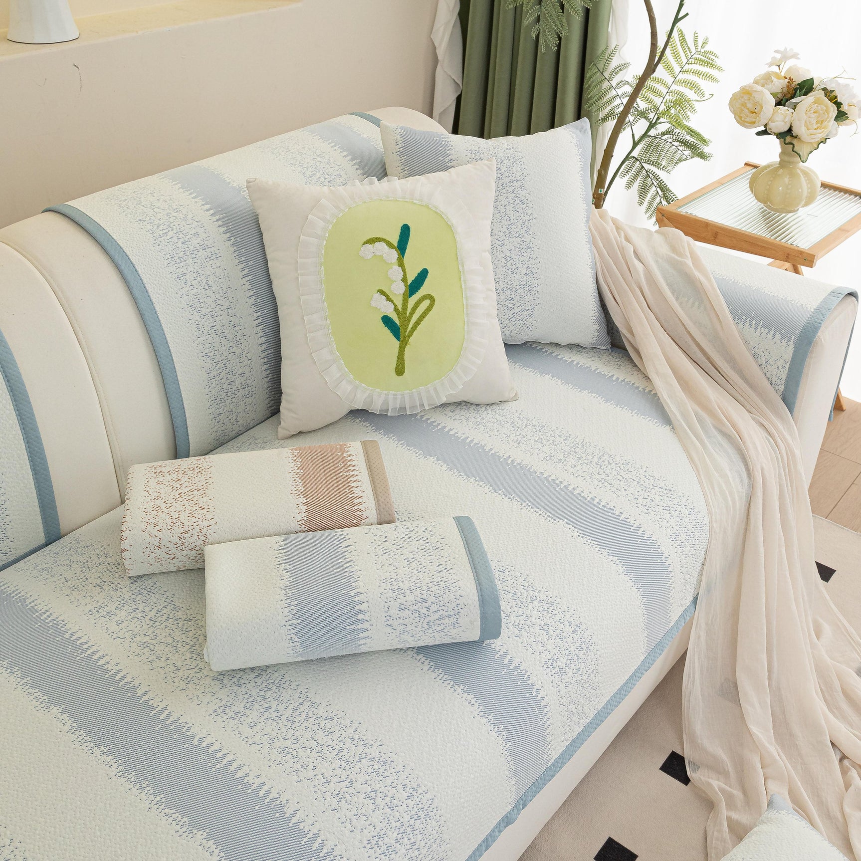 Striped Non-Slip Cooling Couch Cover, Summer Couch Pads for Seat Back Armrest - Ornate Home