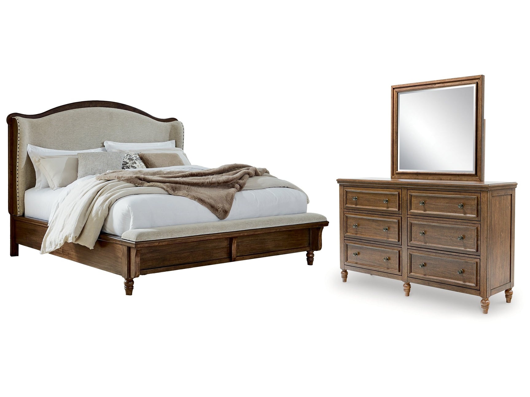 Sturlayne Brown Queen Upholstered Panel Bed & Dresser & Mirror - Ornate Home