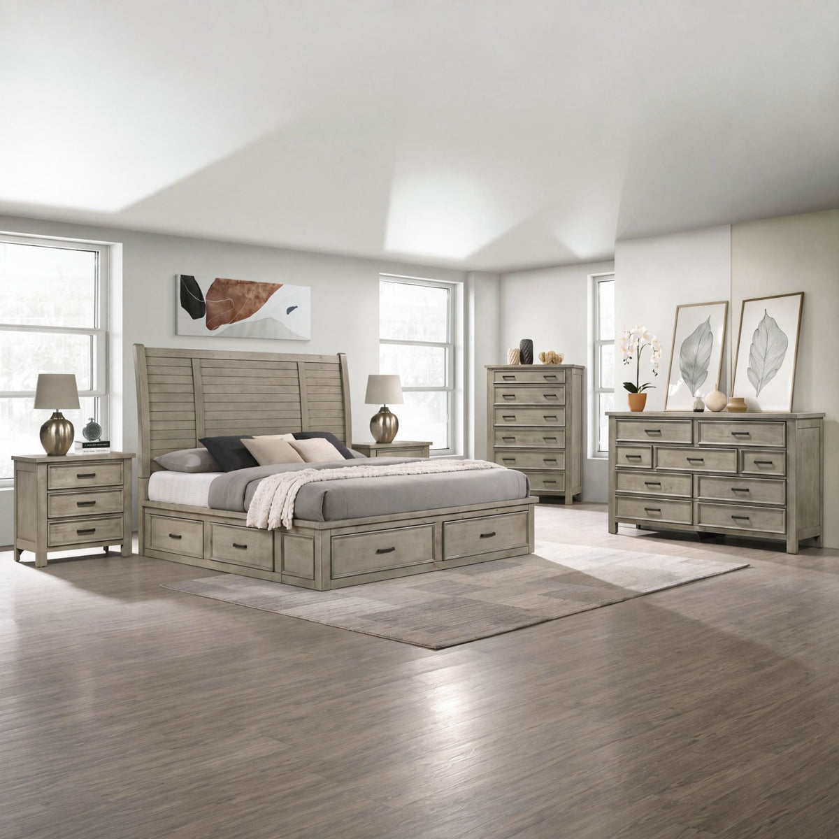 Sullivan Drift Grey 5-Piece King Storage Bedroom Set with 2 Nightstands, Dresser & Chest - Ornate Home