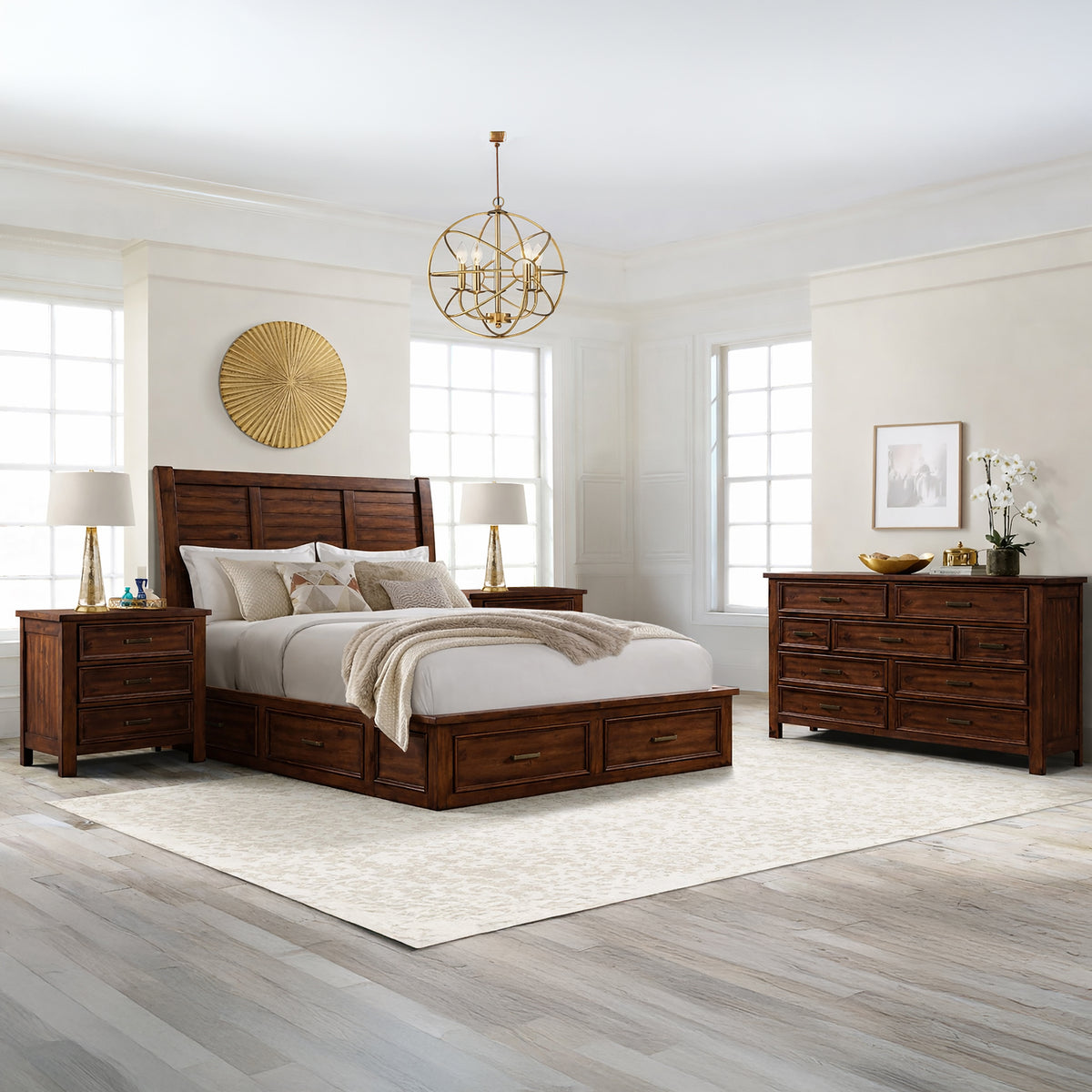 Sullivan Rich Cherry 4-Piece Queen Storage Bedroom Set with 2 Nightstands & Dresser - Ornate Home