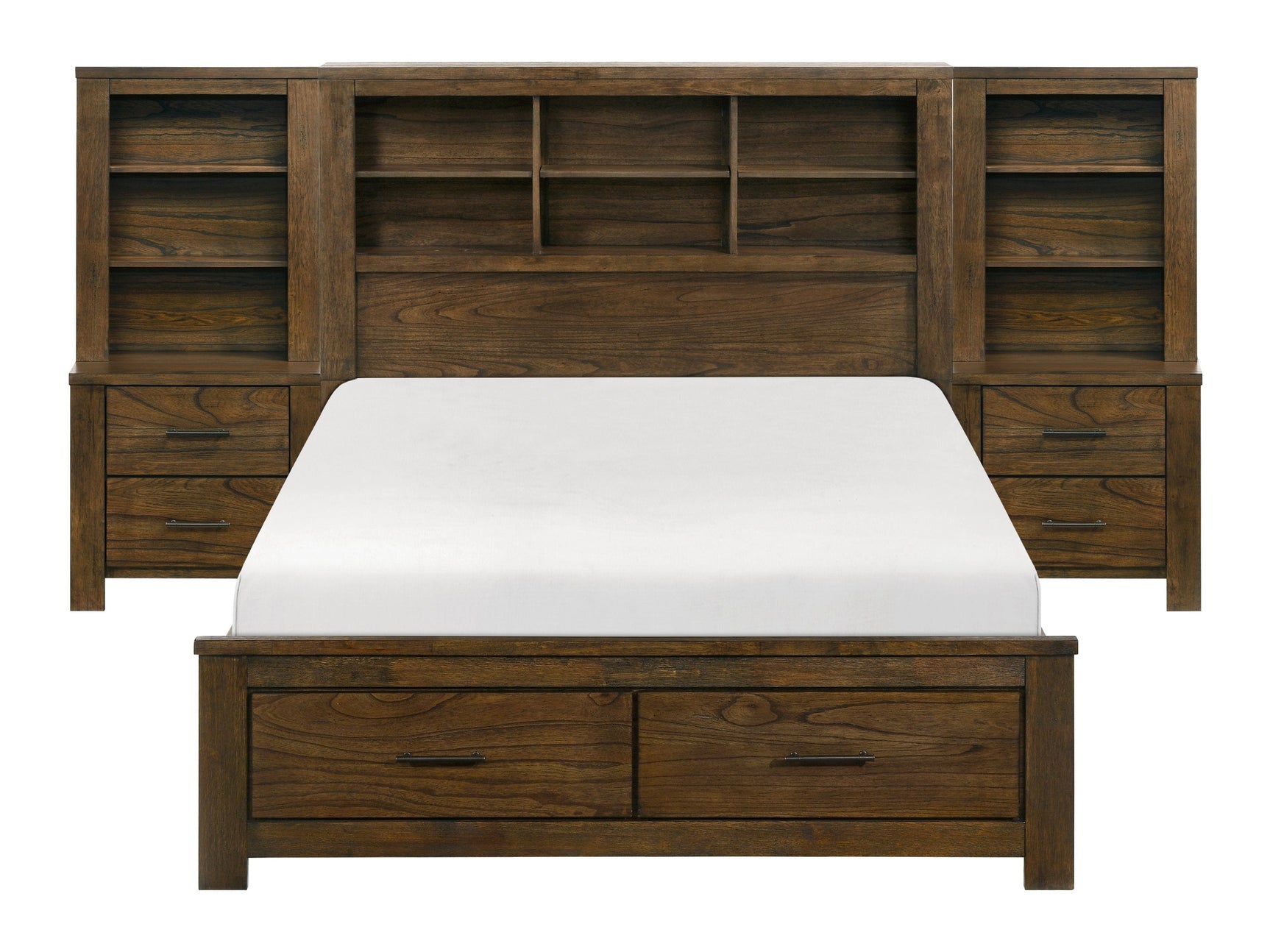 Sullivan Wire-Brushed Oak 5-Piece Set Queen Wall Platform Bed - Ornate Home