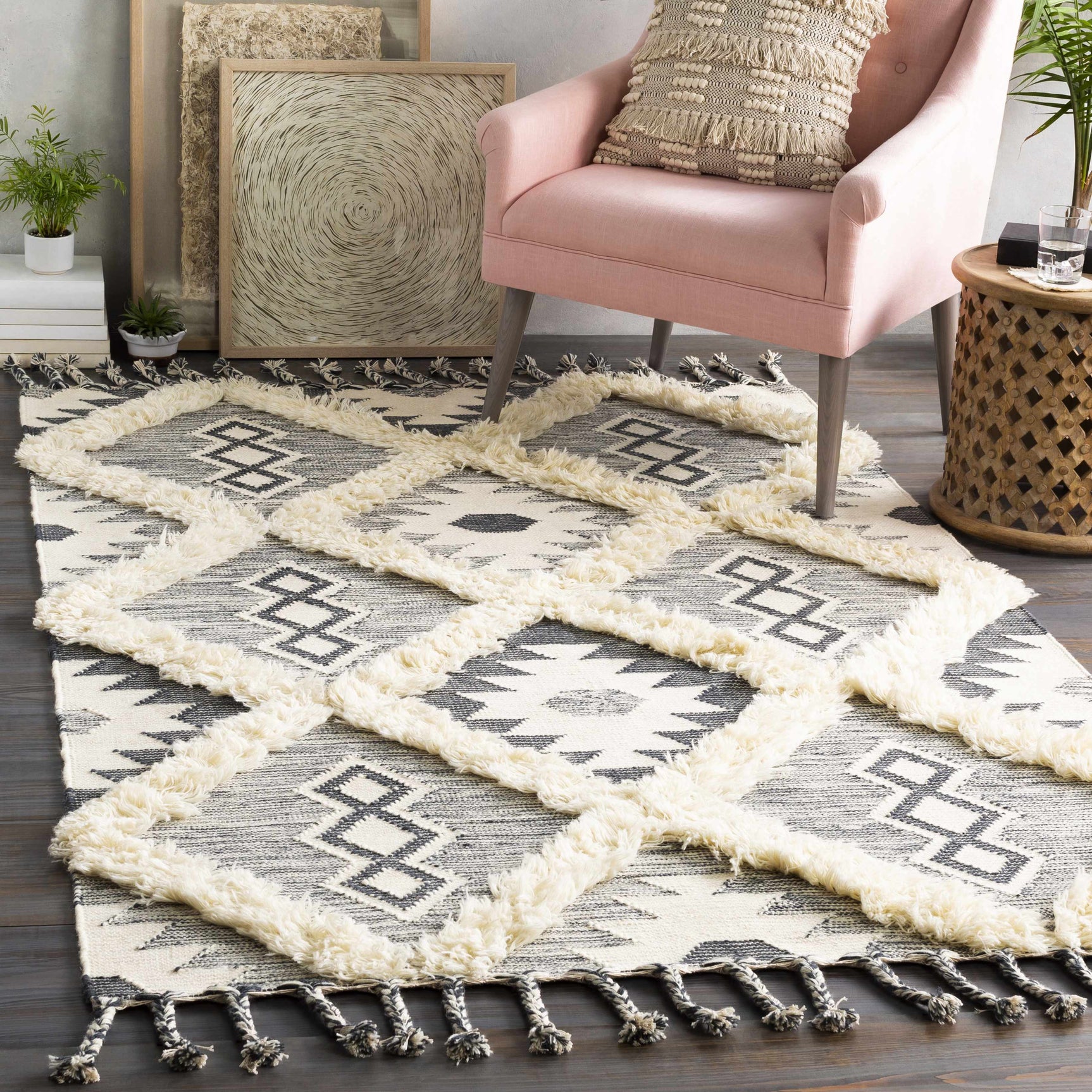 Sultan Charcoal/Beige Tribal Tassel Wool Rug - Clearance - Ornate Home