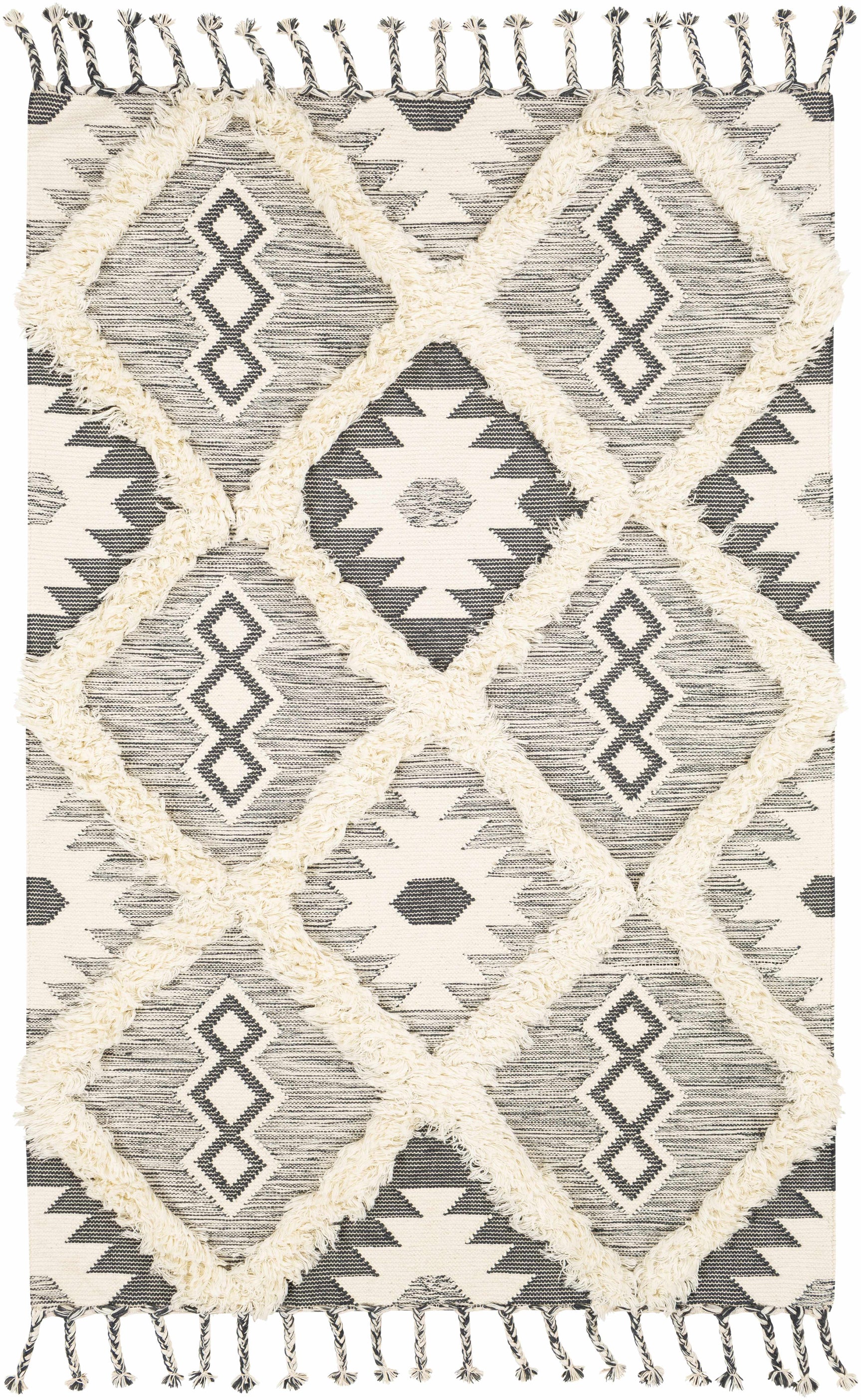 Sultan Charcoal/Beige Tribal Tassel Wool Rug - Clearance - Ornate Home