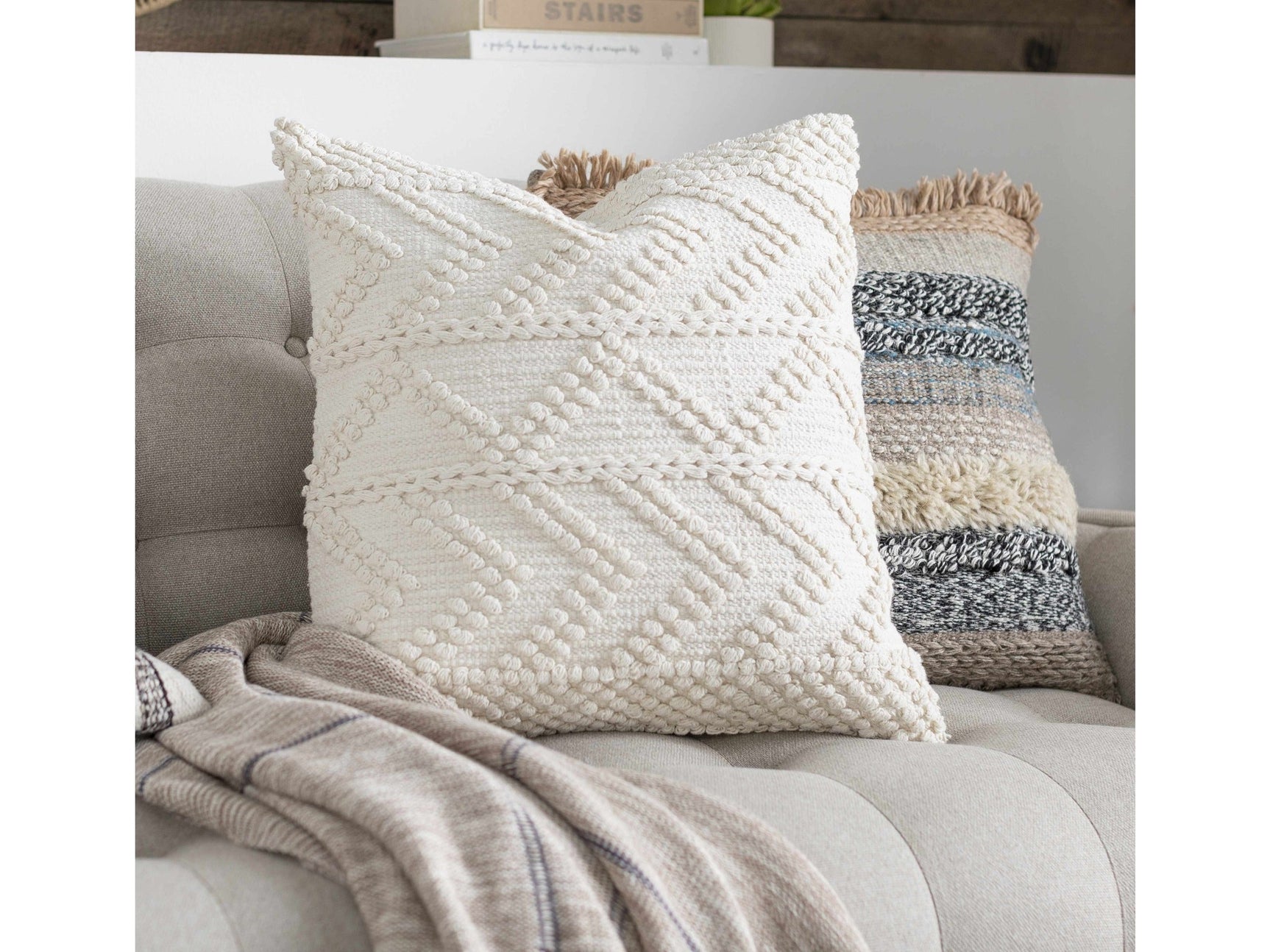 Sumiton White Textured Crochet Cotton Throw Pillow - Ornate Home