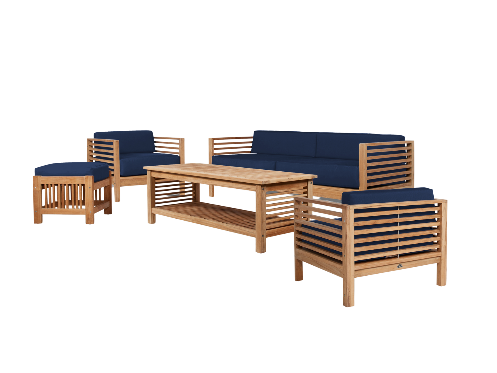 Summer 5-Piece Teak Navy Outdoor Patio Deep Seating Set with Subrella Navy Cushion - Ornate Home