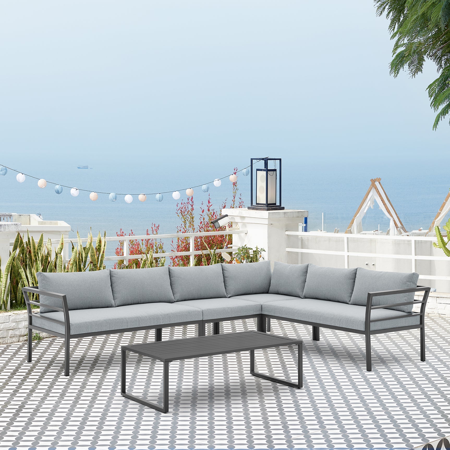 Sunnyside Corner Patio Conversation Set with Table in Grey on Grey - Ornate Home