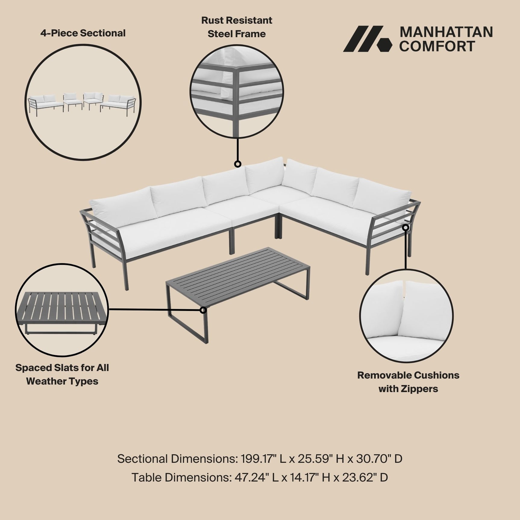 Sunnyside Corner Patio Conversation Set with Table in Grey on White - Ornate Home