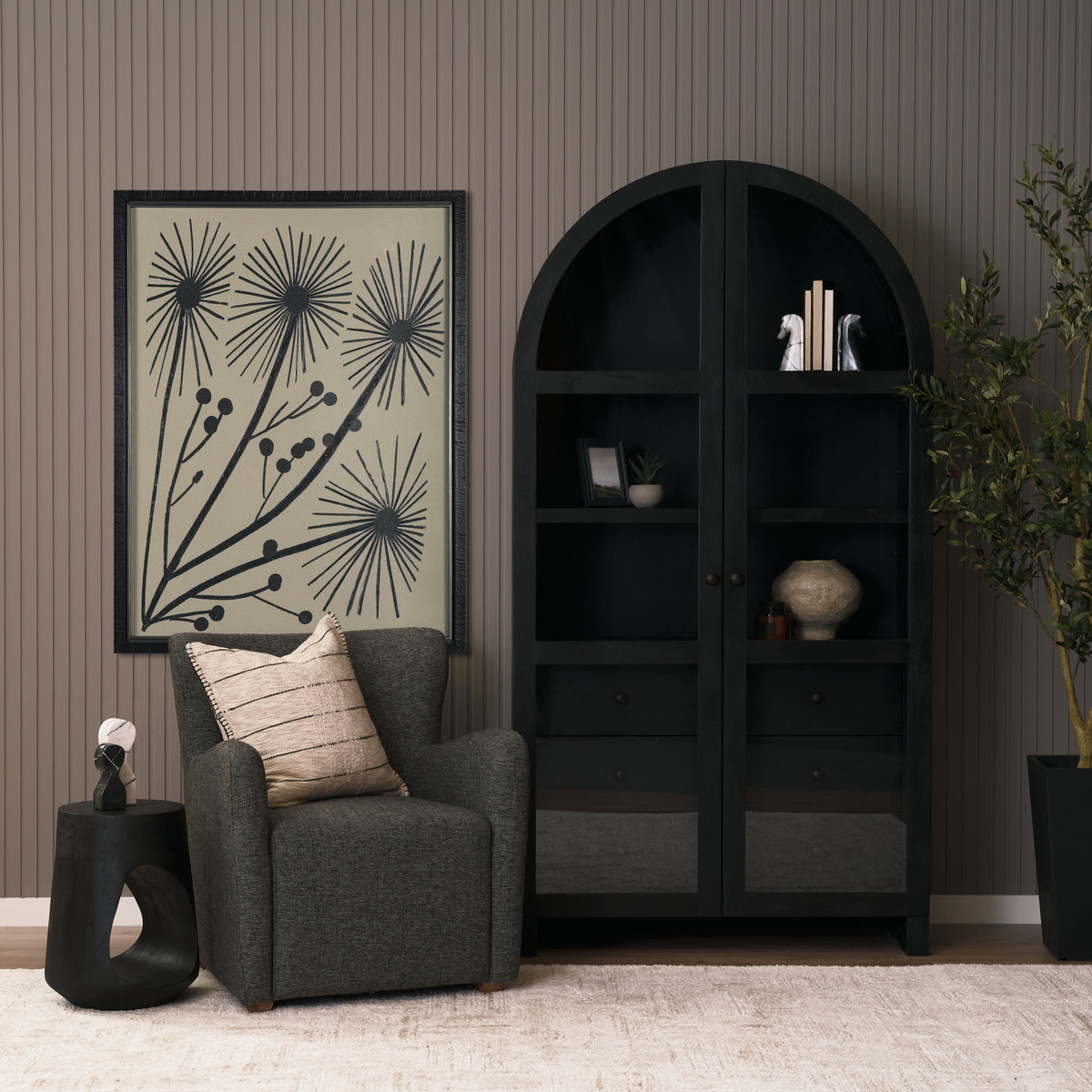 Suri Black Wood with Glass Doors Arched Curio Cabinet - Ornate Home