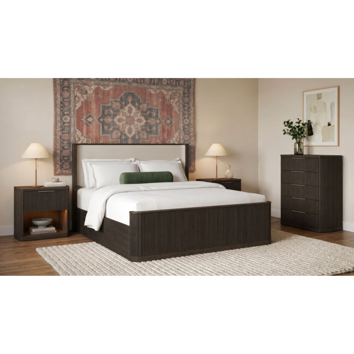 Sylvie Dark Brown 4-Piece King UPH Bedroom Set with 2 Nightstands & Chest - Ornate Home