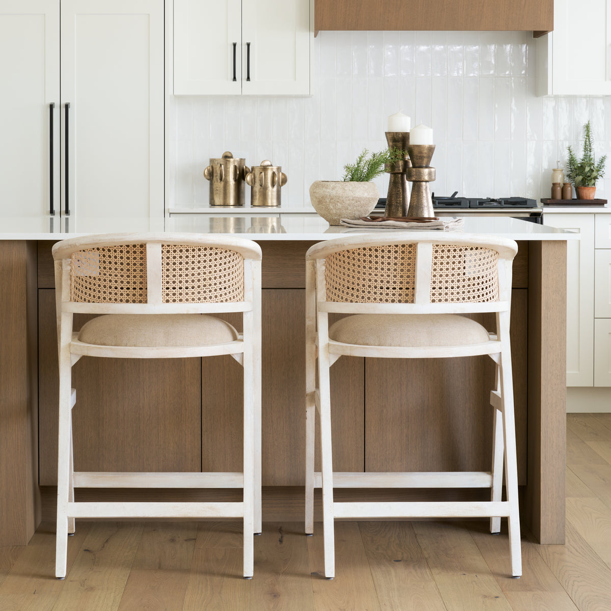 Tabitha Beige/Blonde Fabric/Rattan Seat Wood Frame Counter Stool - Ornate Home